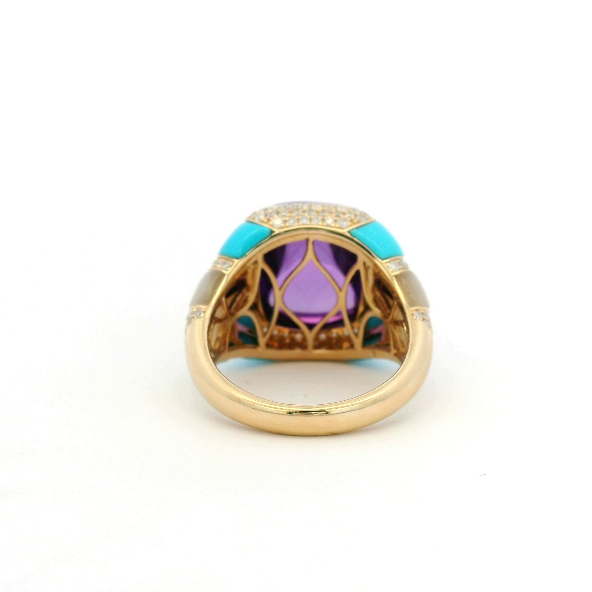 Women's 10.27 Carat Amethyst Diamond Turquoise Cocktail Ring in 14 Karat Yellow Gold For Sale