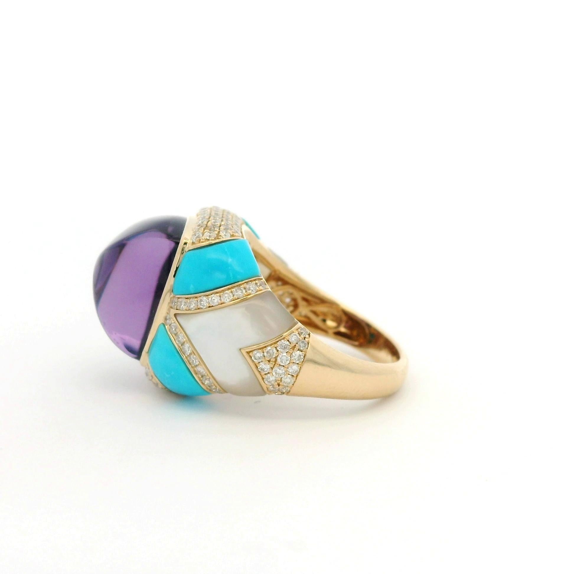 10.27 Carat Amethyst Diamond Turquoise Cocktail Ring in 14 Karat Yellow Gold For Sale 1