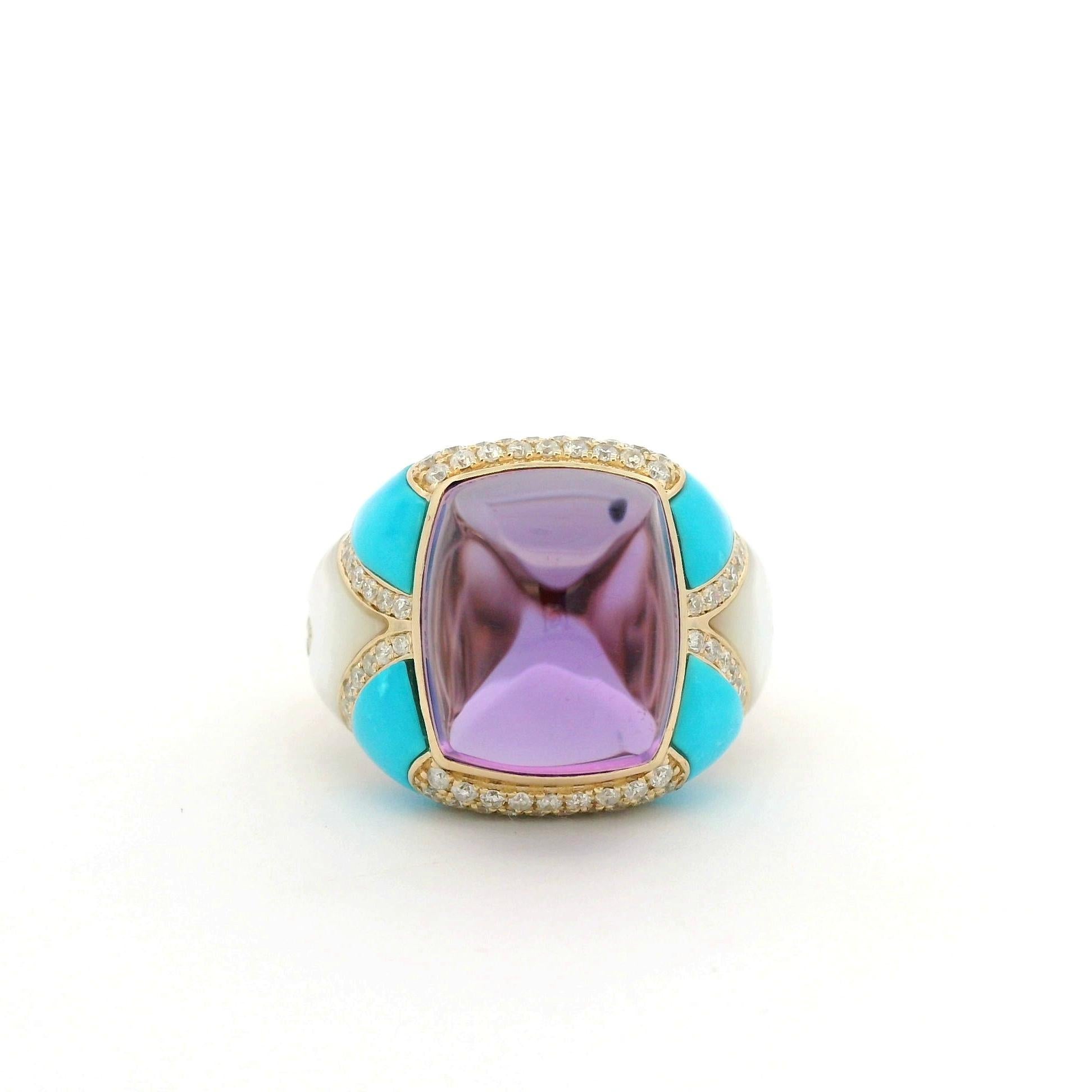10.27 Carat Amethyst Diamond Turquoise Cocktail Ring in 14 Karat Yellow Gold For Sale 2