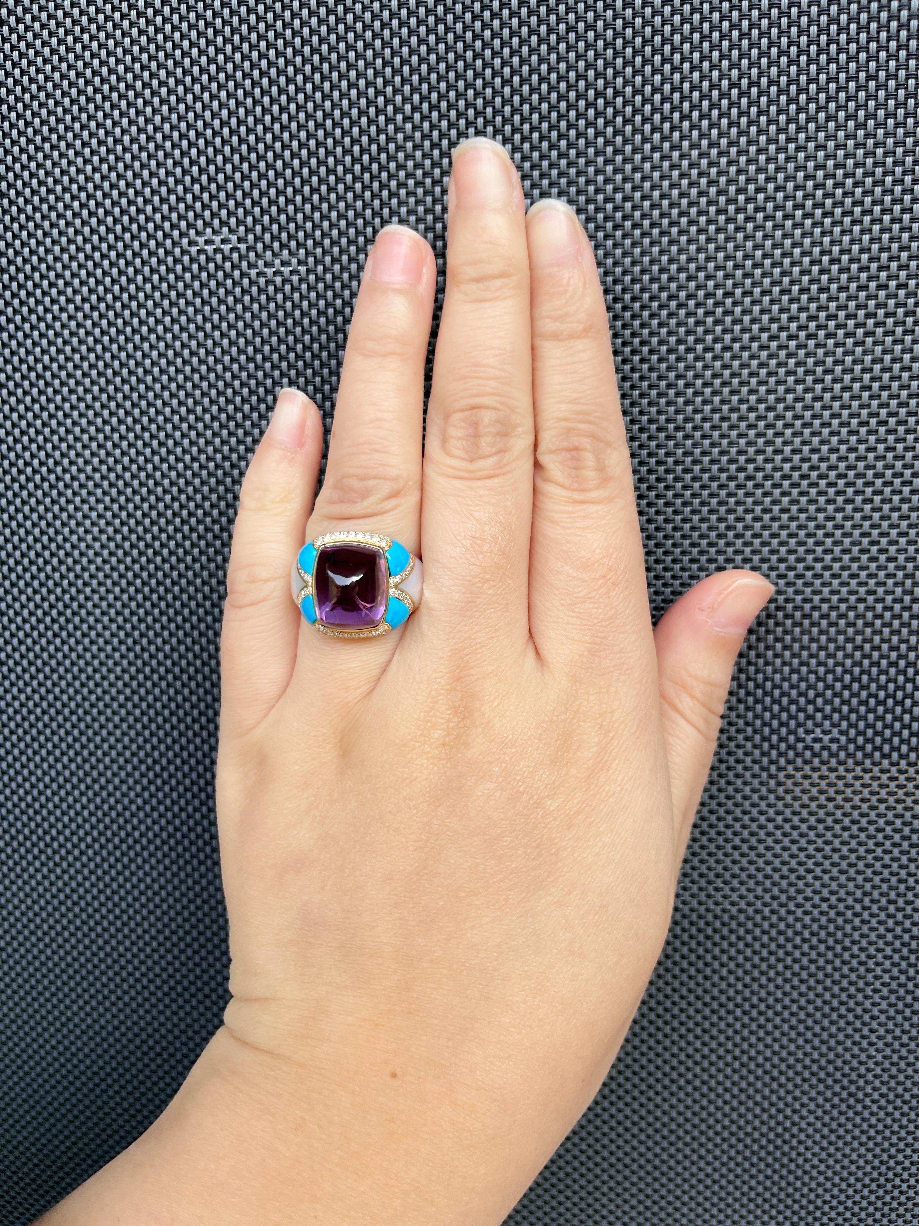 10.27 Carat Amethyst Diamond Turquoise Cocktail Ring in 14 Karat Yellow Gold For Sale 3