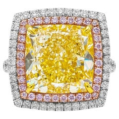 10.27 Carat Cushion Halo Diamond Ring Fancy Yellow 14K White Gold