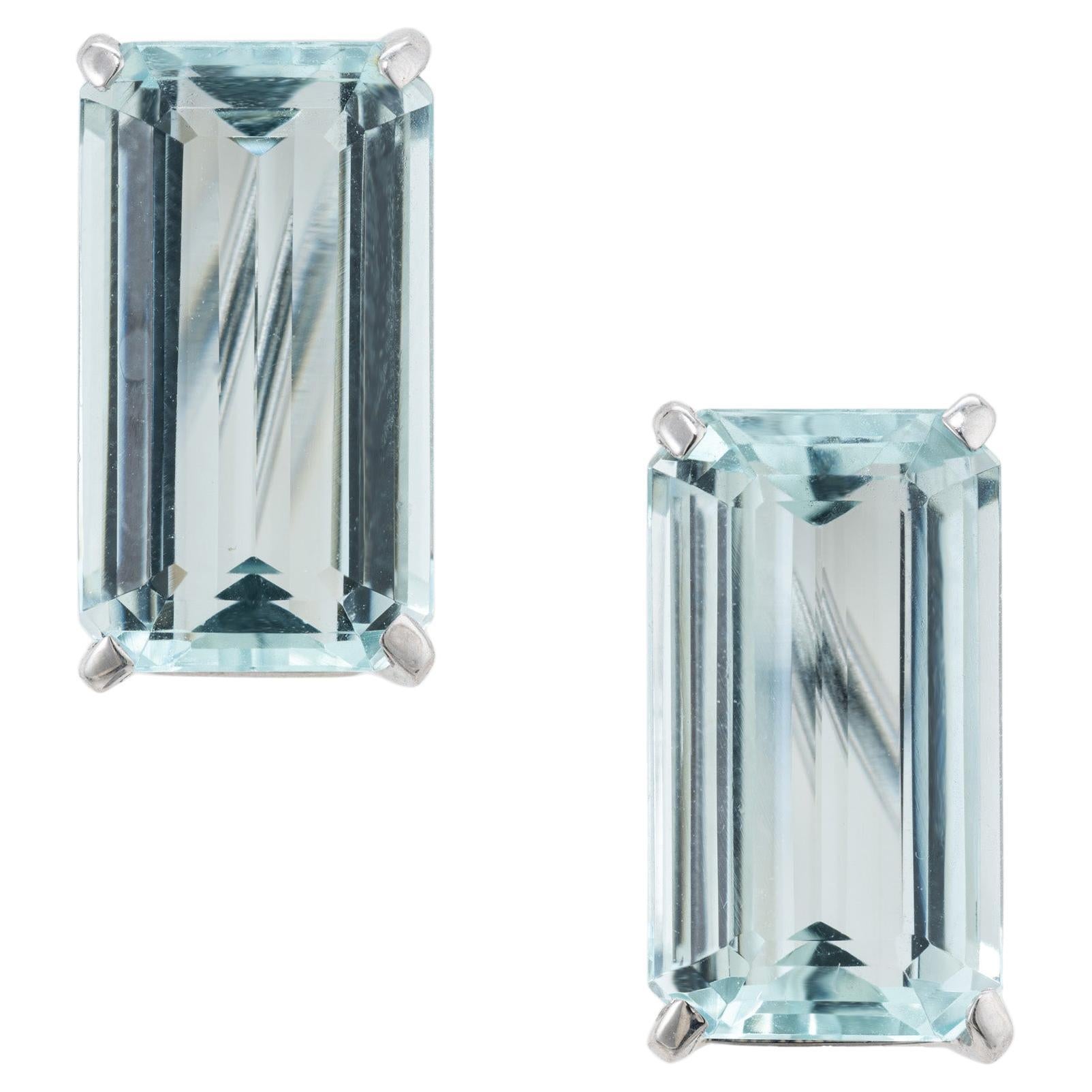 10.27 Carat Emerald Cut Aquamarine White Gold Earrings  For Sale
