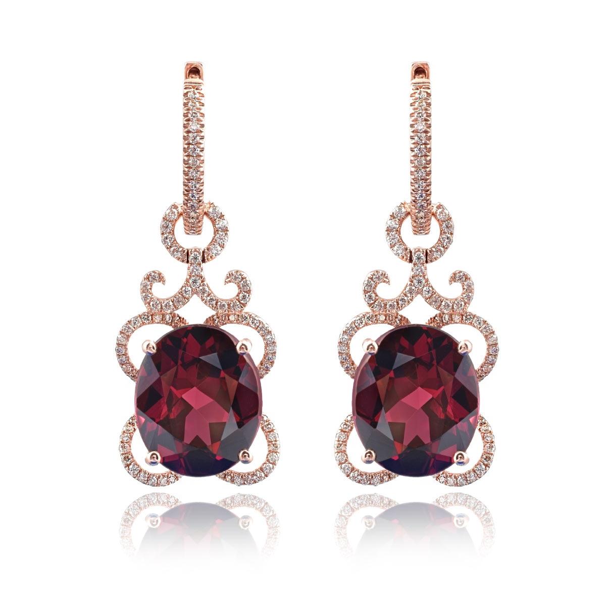  Natural Rhodolite Garnet 10.27 Carat in Rose Gold Earrings with Diamonds In New Condition For Sale In Los Angeles, CA