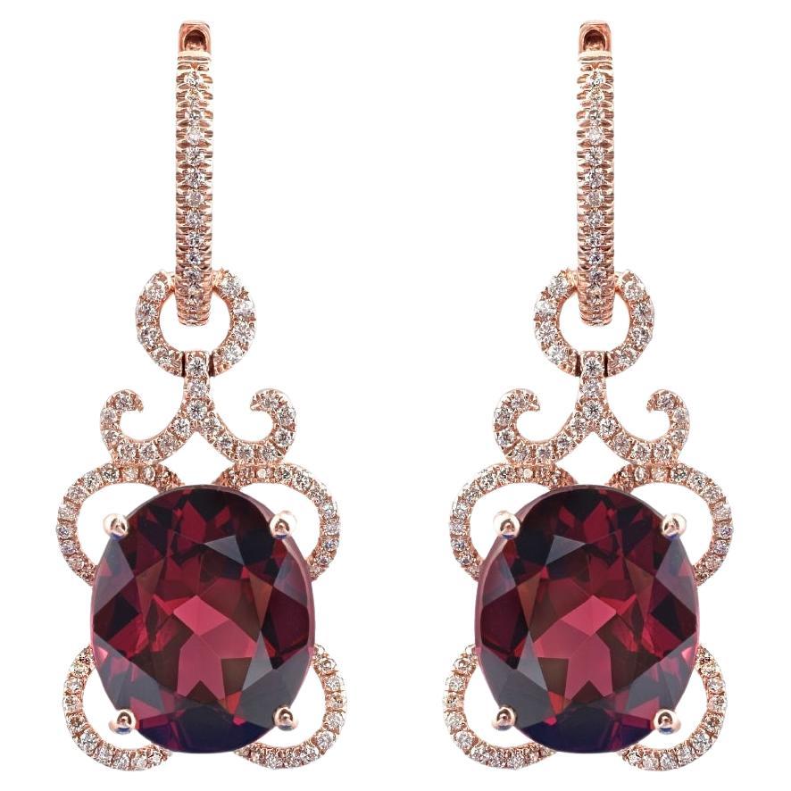  Natural Rhodolite Garnet 10.27 Carat in Rose Gold Earrings with Diamonds For Sale