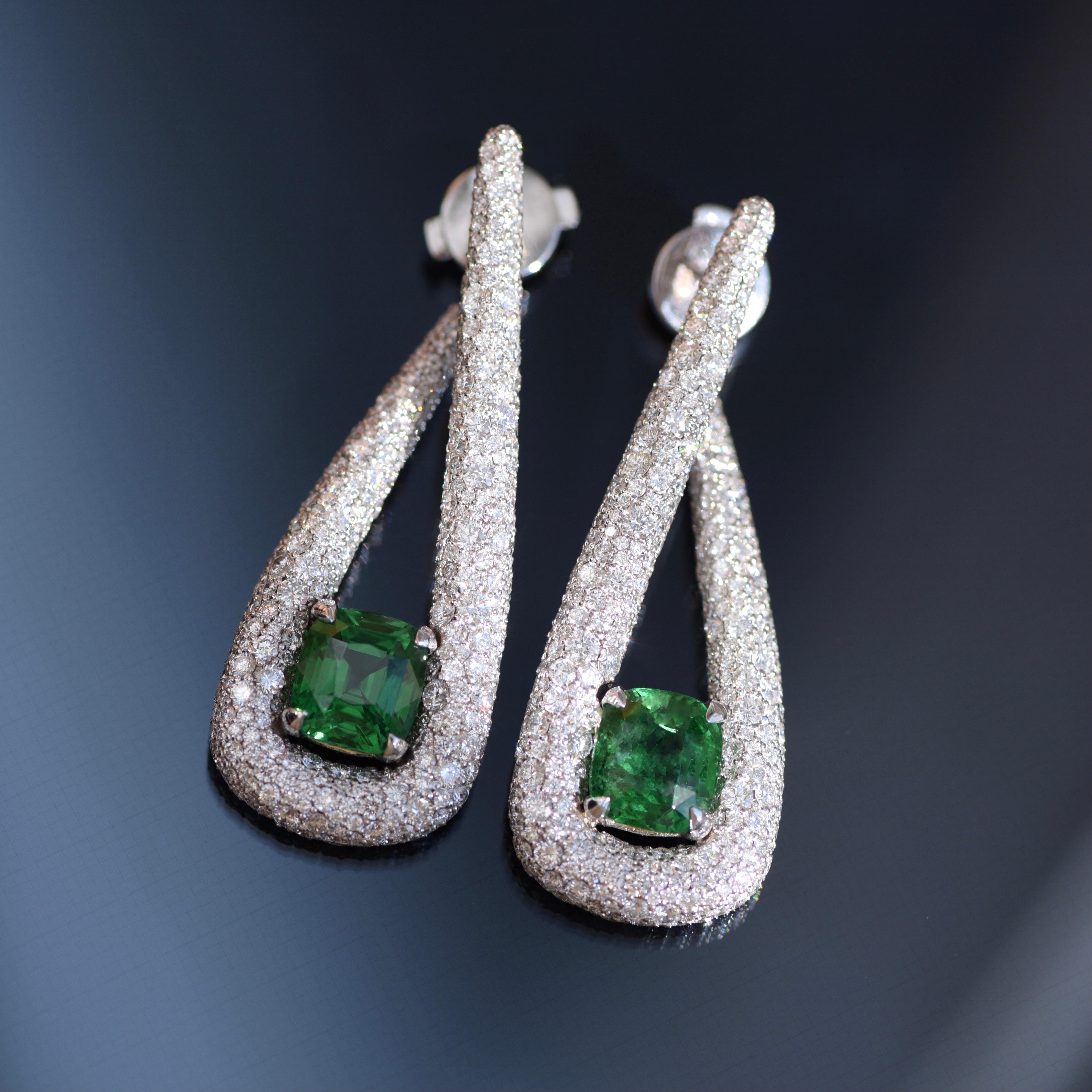 Modern 10, 27 Carat Natural Tsavorite Diamonds 18 Karat White Gold Earrings by D&A