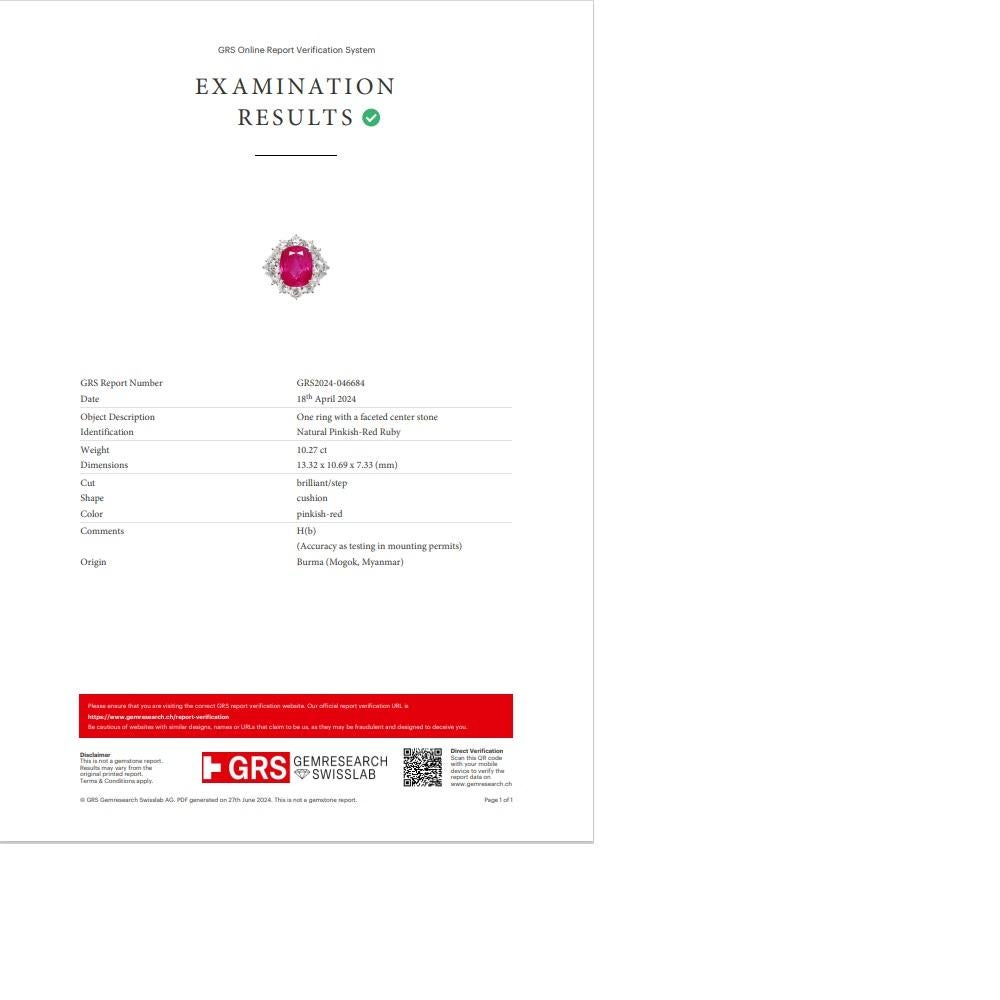 10.27ct Burmese Ruby Diamond Platinum Ring, GRS Certified In New Condition For Sale In Beverly Hills, CA