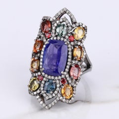 10.27cttw Tanzanite, Multi-Sapphires with Diamonds 1.18cttw Sterling Silver Ring