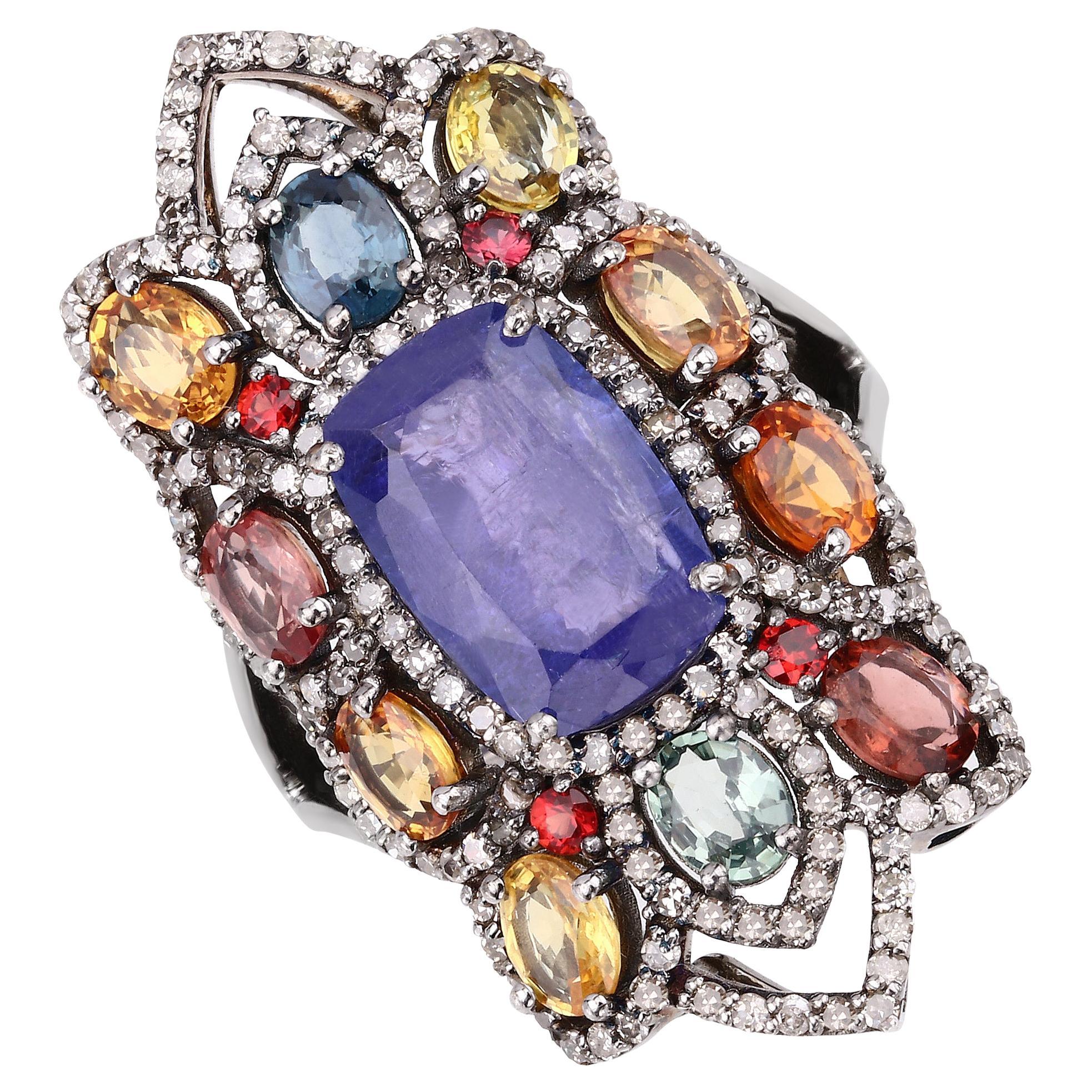 10.27cttw Tanzanite, Multi-Sapphires with Diamonds 1.18cttw Sterling Silver Ring For Sale