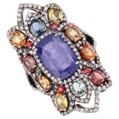 10.27cttw Tanzanite, Multi-Sapphires with Diamonds 1.18cttw Sterling Silver Ring