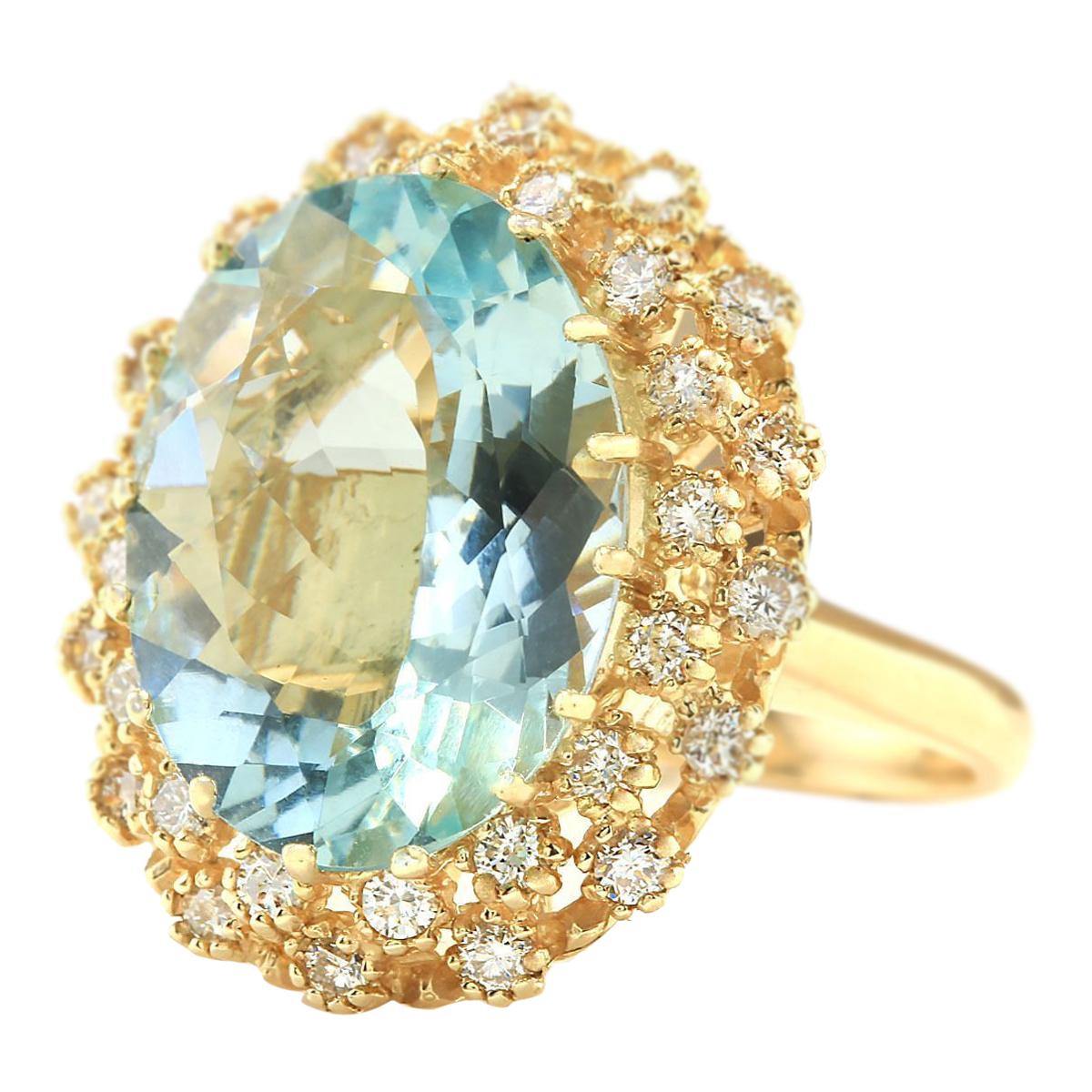 Stamped: 14K Yellow Gold
Total Ring Weight: 10.8 Grams
Total Natural Aquamarine Weight is 9.28 Carat (Measures: 18.00x13.00 mm)
Color: Blue
Total Natural Diamond Weight is 1.00 Carat
Quantity: 32
Color: F-G, Clarity: VS2-SI1
Face Measures: