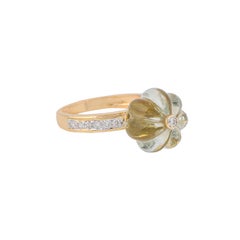 10.28 Carats Green Amethyst Melon and Diamond 18kt Yellow Gold Ring