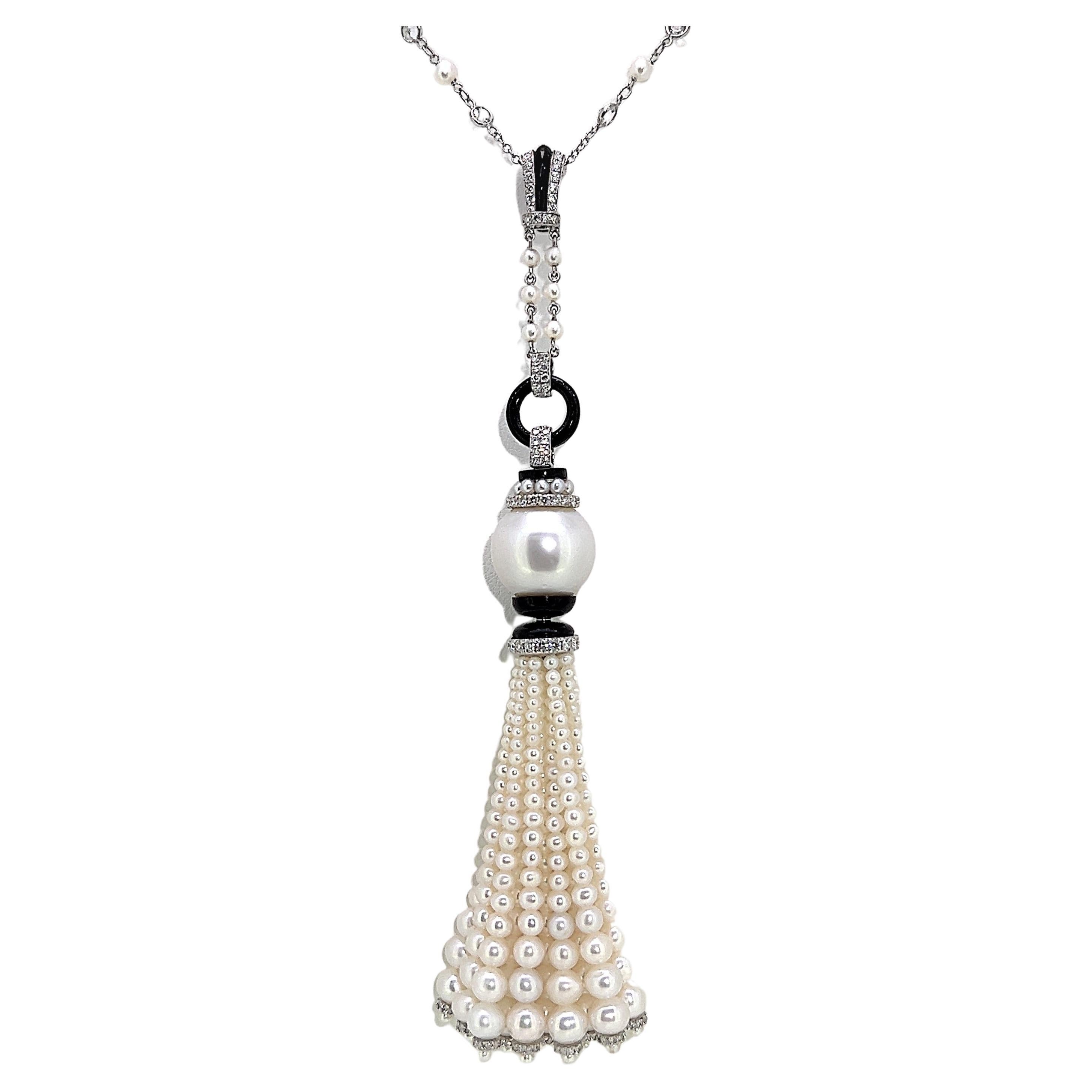 102.98 Carat Pearl Diamond and Onyx Tassel Necklace set on 18 Karat White Gold For Sale