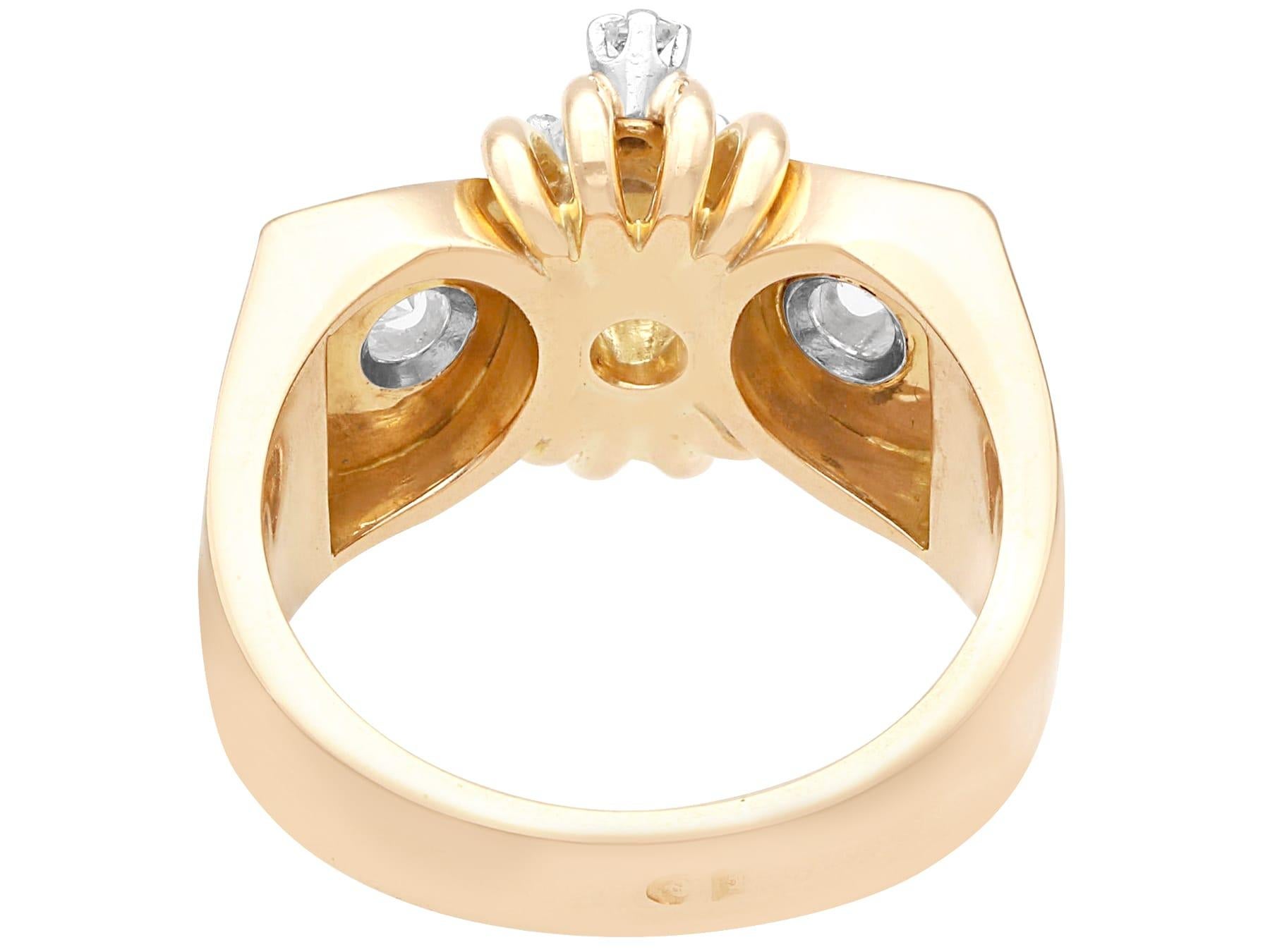 This stunning, fine and impressive vintage diamond ring has been crafted in 18k rose gold with platinum settings.

The substantial feature elevated claw setting displays a 0.52ct Old European round cut diamond, in relief to the center.

This central