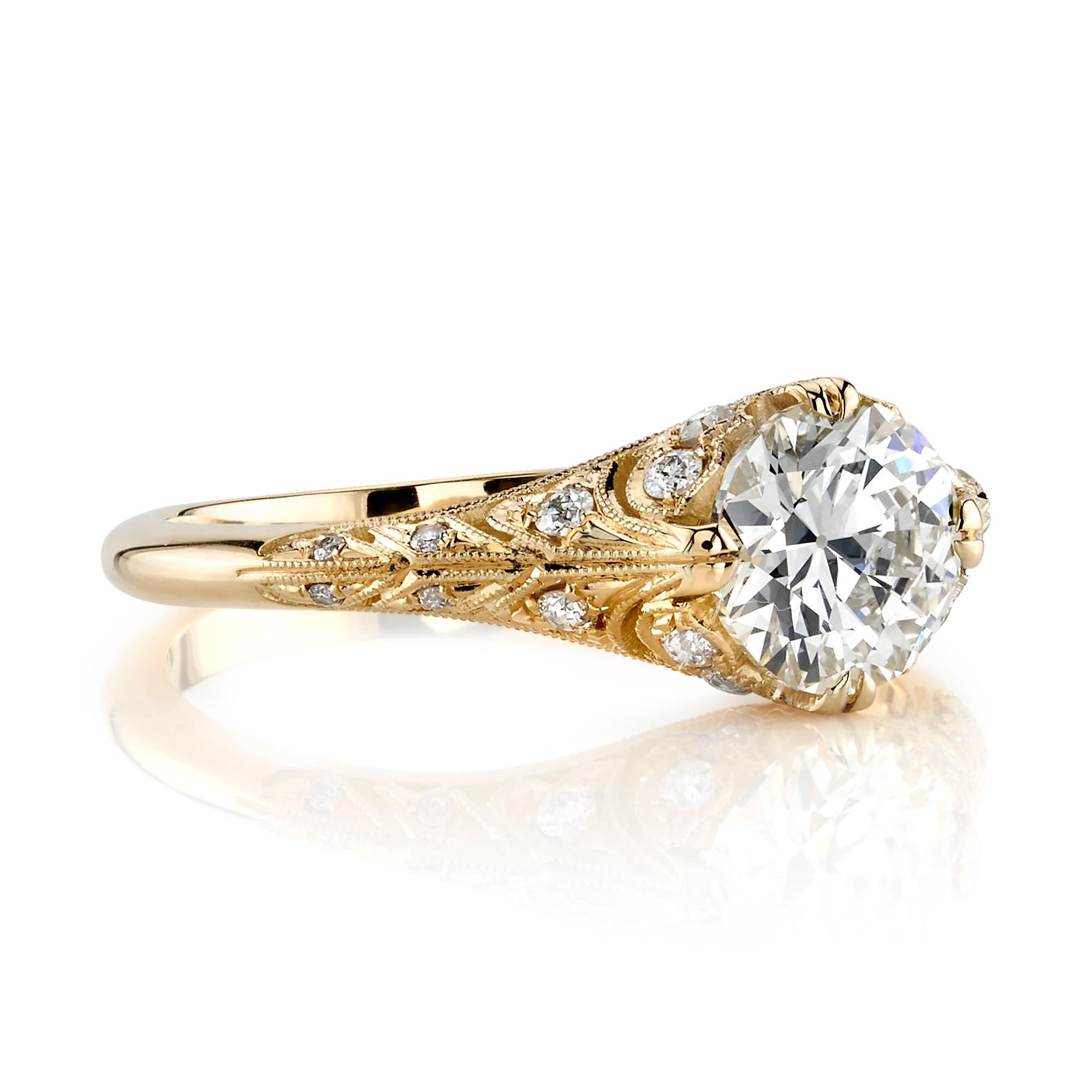 1.01ct M/VS2 GIA certified old European cut diamond with 0.16ctw diamond accents set in a handcrafted 18K yellow gold mounting. Ring is currently a size 6 and can be sized to fit