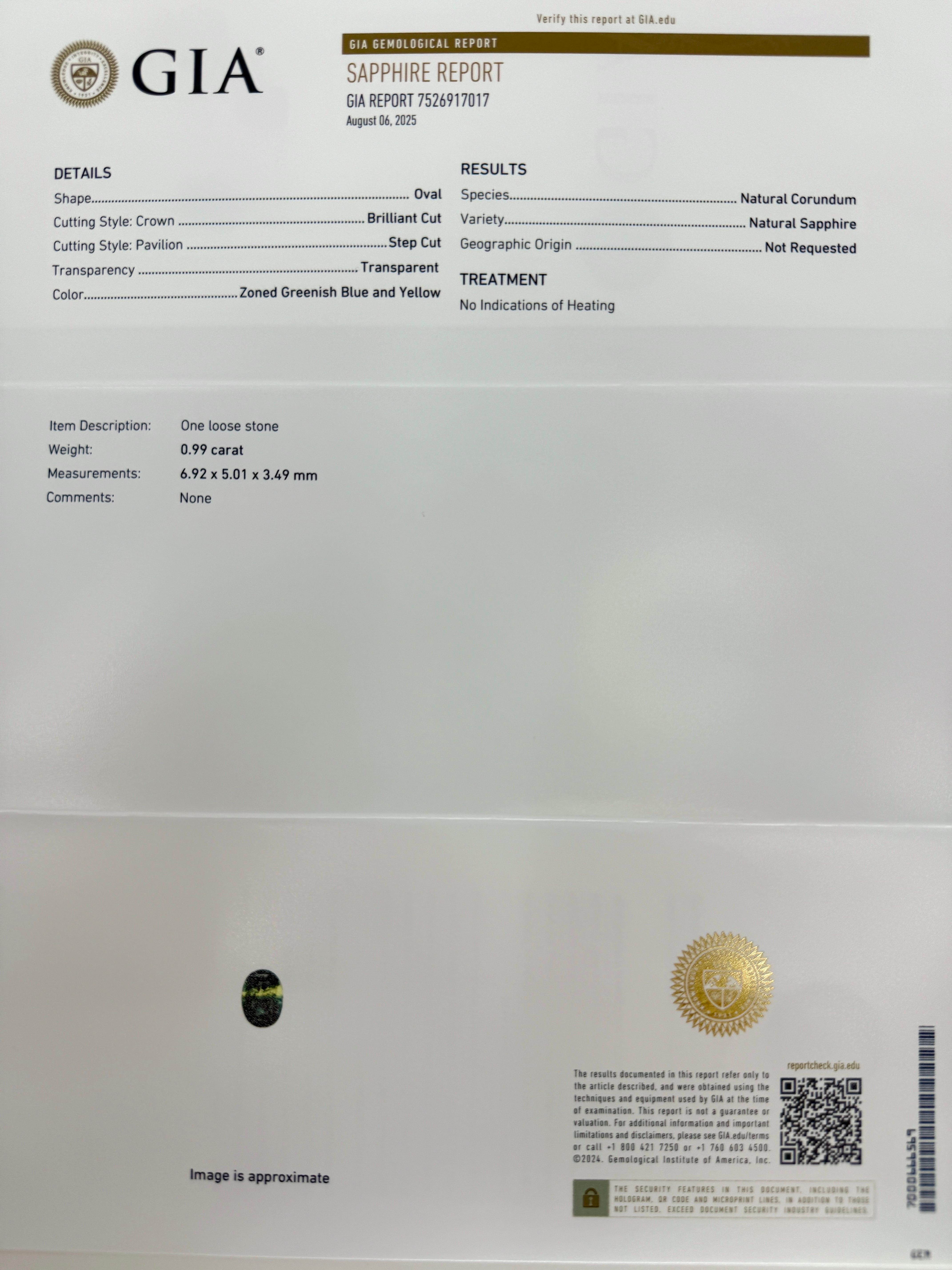 Collana con ciondolo in platino 950, unica nel suo genere: zaffiro giallo blu bicolore e diamante. 1,02ct in totale.

Zaffiro certificato GIA da 0,99 carati con uno spacco bicolore giallo-blu unico nel suo genere. Raro e sorprendente da