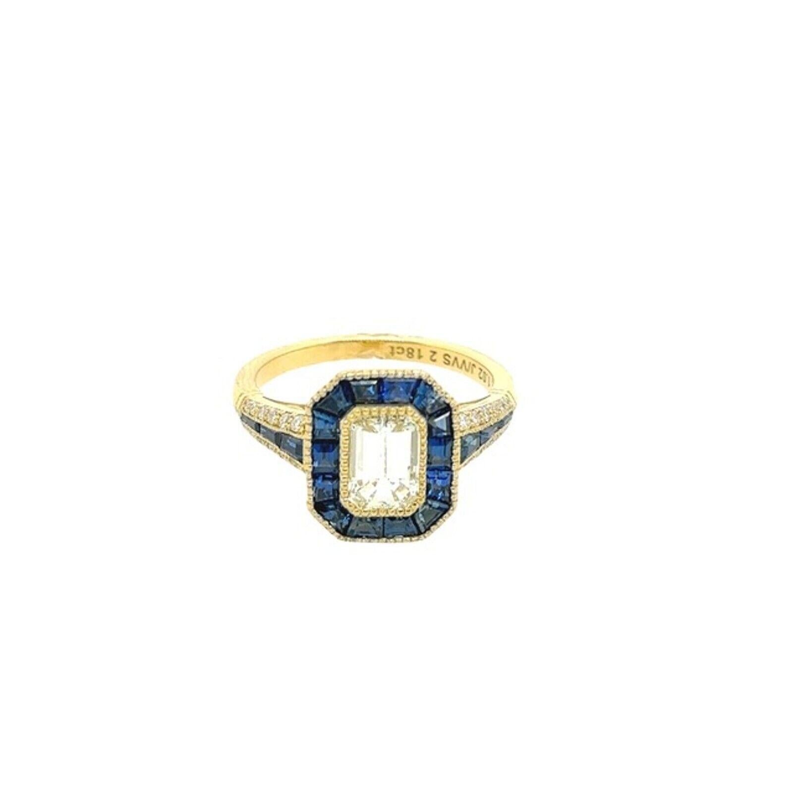 18ct Yellow Gold 1.02ct J/VVS2 Emerald Cut Diamond Set With Sapphire Halo

This stunning 18ct yellow Gold 1.02ct J/VVS2 emerald cut diamond ring, J-colour grade and remarkable VVS2 clarity. Surrounding the center stone, an elegant halo of vibrant