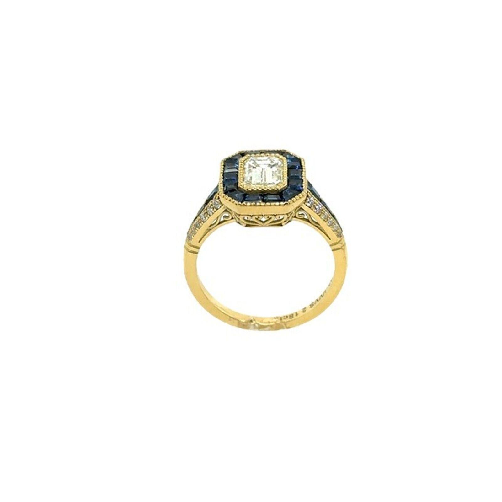 Art Deco 1.02ct J/VVS2 Emerald Cut Diamond with Sapphire Halo Ring in 18ct Yellow Gold For Sale