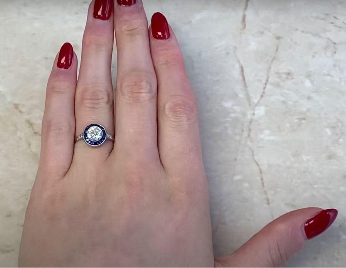 1.02ct Old European Cut Diamond Engagement Ring, Sapphire Halo, Platinum For Sale 5