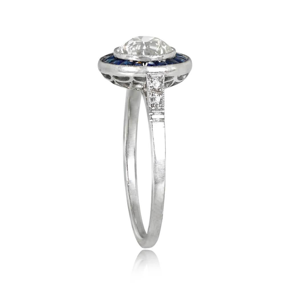 Art Deco 1.02ct Old European Cut Diamond Engagement Ring, Sapphire Halo, Platinum For Sale