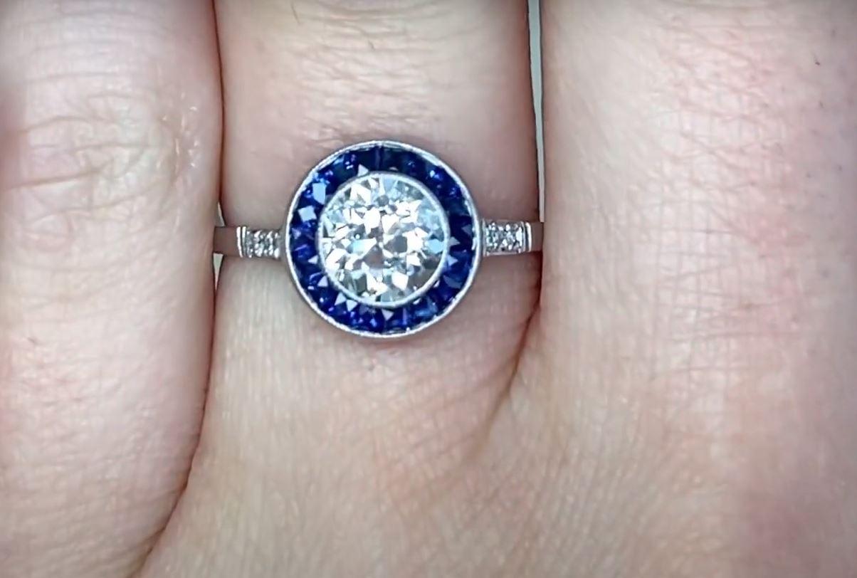 Women's 1.02ct Old European Cut Diamond Engagement Ring, Sapphire Halo, Platinum For Sale