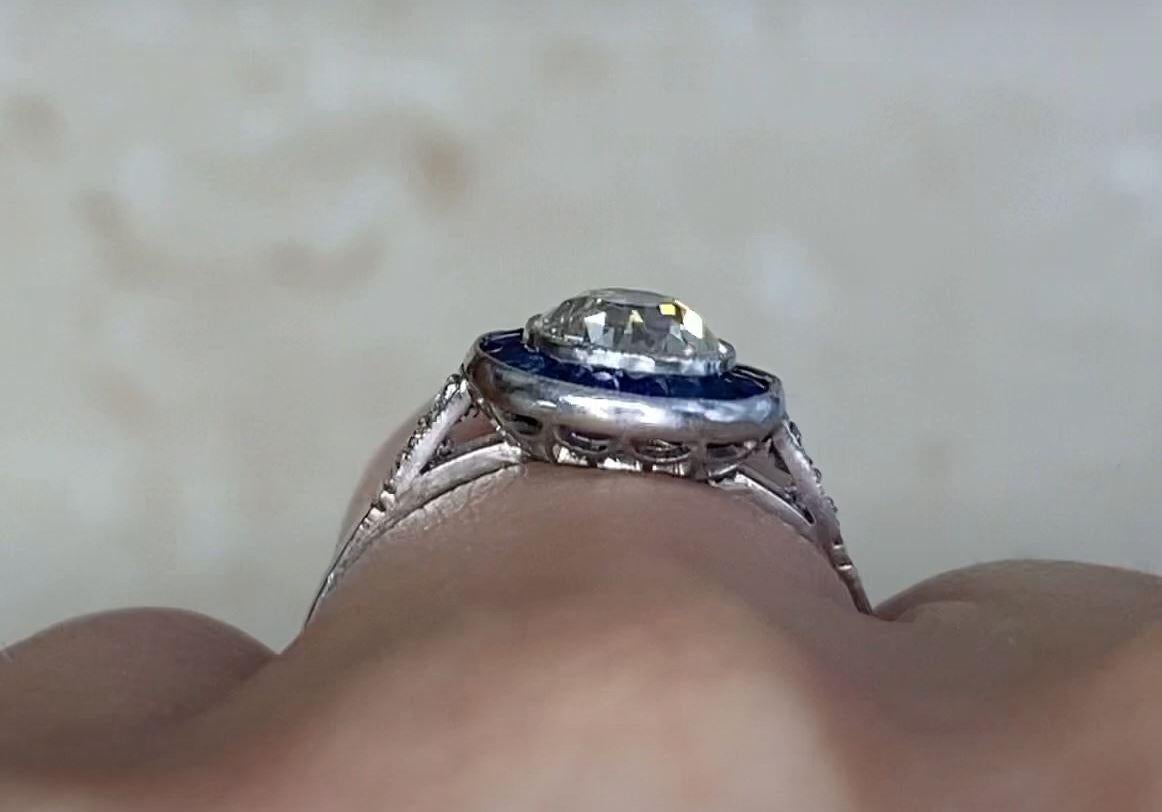 1.02ct Old European Cut Diamond Engagement Ring, Sapphire Halo, Platinum For Sale 1