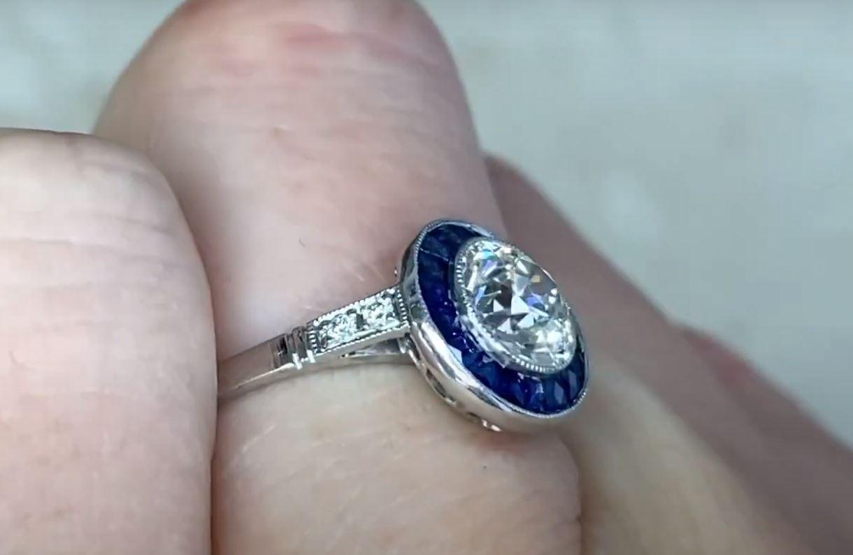 1.02ct Old European Cut Diamond Engagement Ring, Sapphire Halo, Platinum For Sale 2