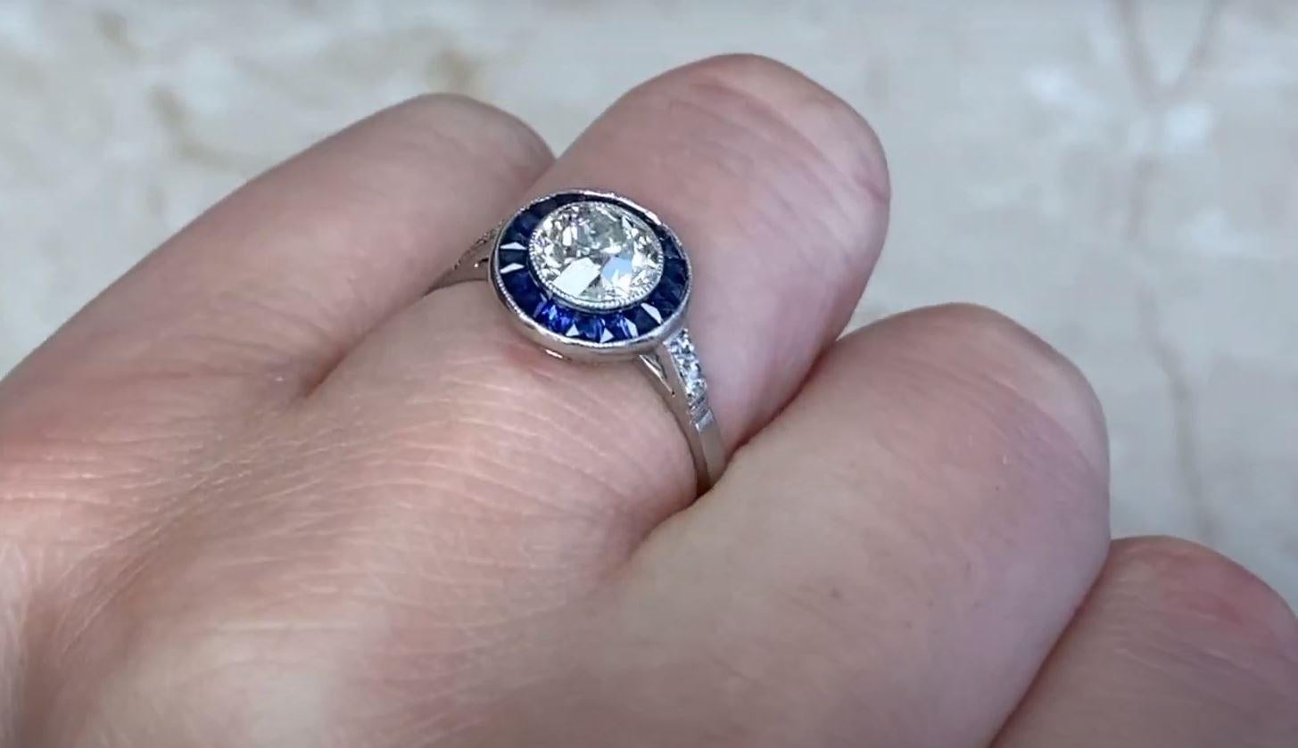 1.02ct Old European Cut Diamond Engagement Ring, Sapphire Halo, Platinum For Sale 3
