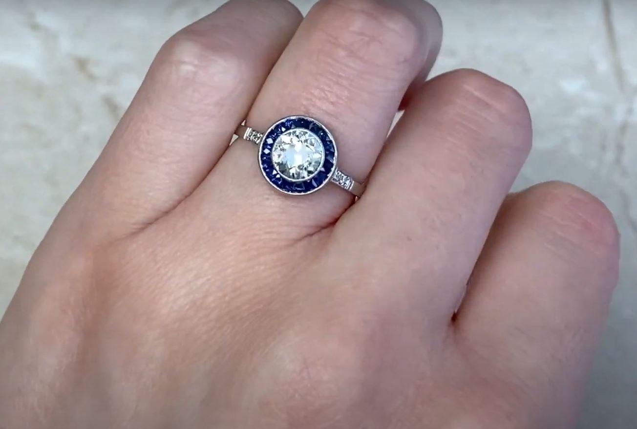 1.02ct Old European Cut Diamond Engagement Ring, Sapphire Halo, Platinum For Sale 4