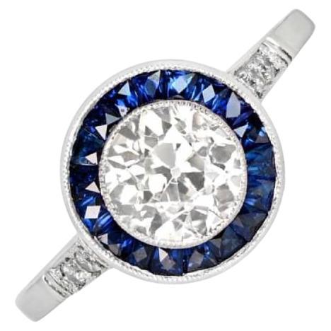1.02ct Old European Cut Diamond Engagement Ring, Sapphire Halo, Platinum For Sale