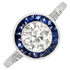 1.02ct Old European Cut Diamond Engagement Ring, Sapphire Halo, Platinum