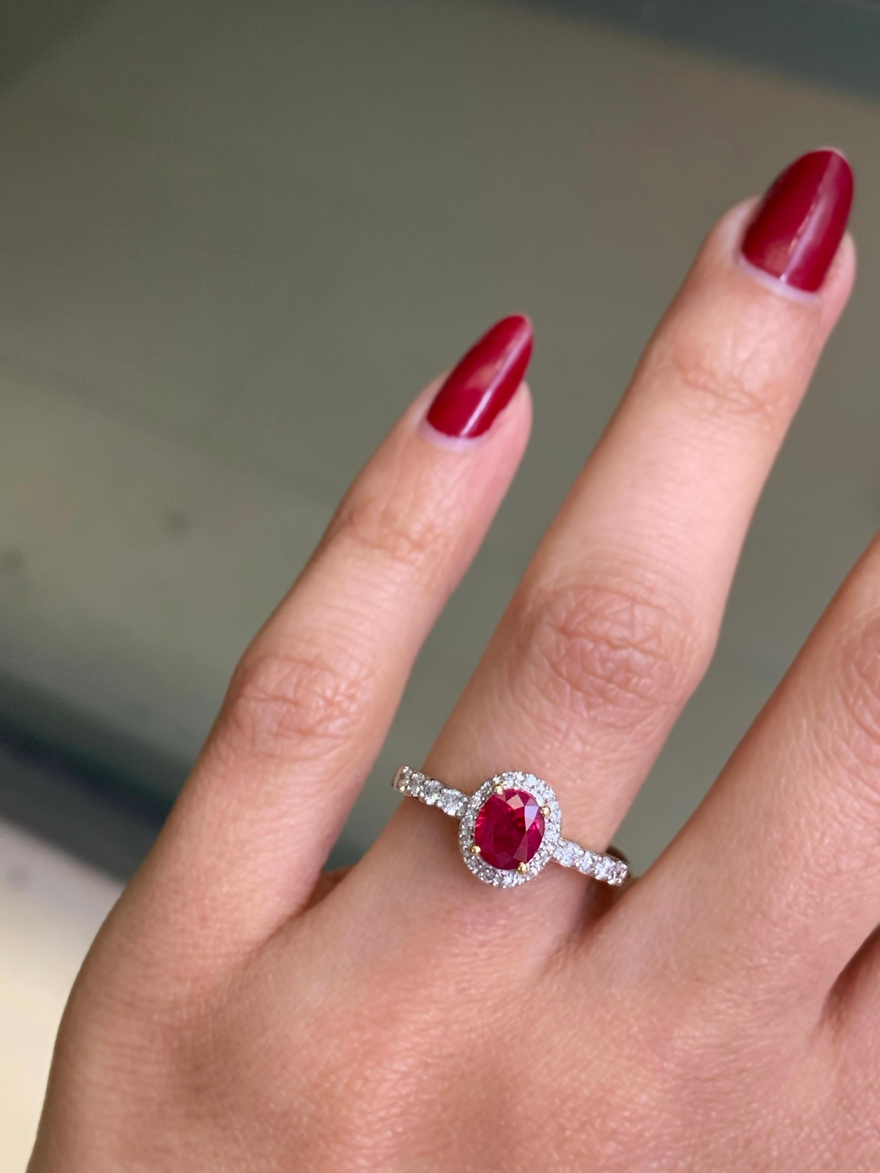 Women's 1.02 Carat Oval Ruby and Diamond 18 Carat White and Yellow Gold Engagement Ring