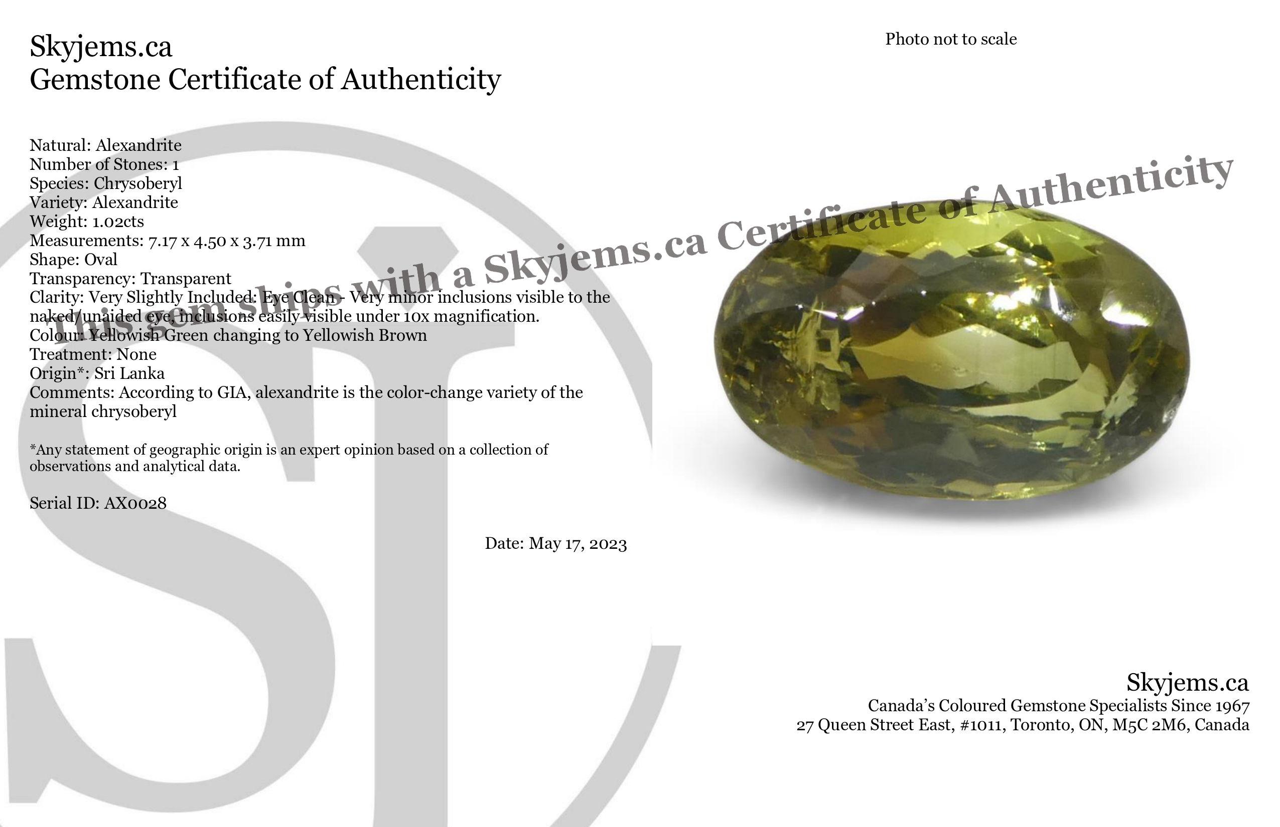 Description:

Gem Type: Alexandrite 
Number of Stones: 1
Weight: 1.02 cts
Measurements: 7.17 x 4.50 x 3.71 mm 
Shape: Oval
Cutting Style Crown: Brilliant Cut
Cutting Style Pavilion: Brilliant Cut 
Transparency: Transparent
Clarity: Very Slightly