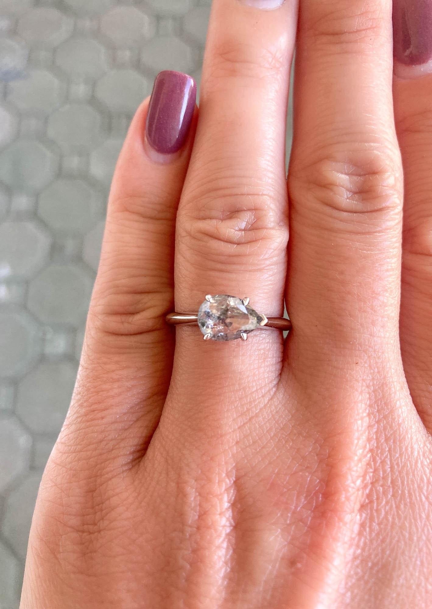 1.02ct Pear Shape Salt and Pepper Diamond Sideways 14K Gold Engagement Ring