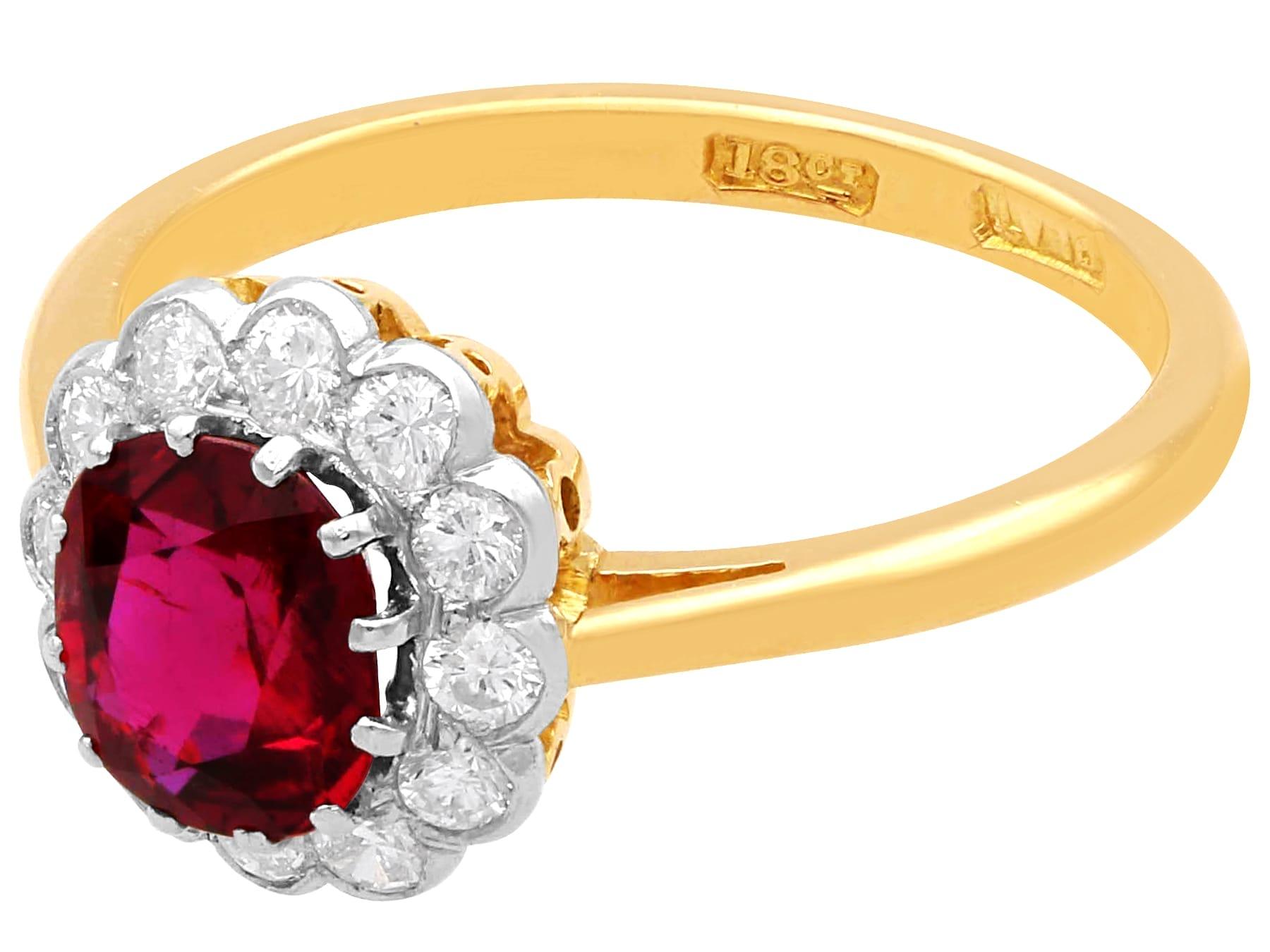 1.02Ct Ruby and 0.33Ct Diamond 18k Yellow Gold Cluster Ring Circa 1930 In Excellent Condition For Sale In Jesmond, Newcastle Upon Tyne