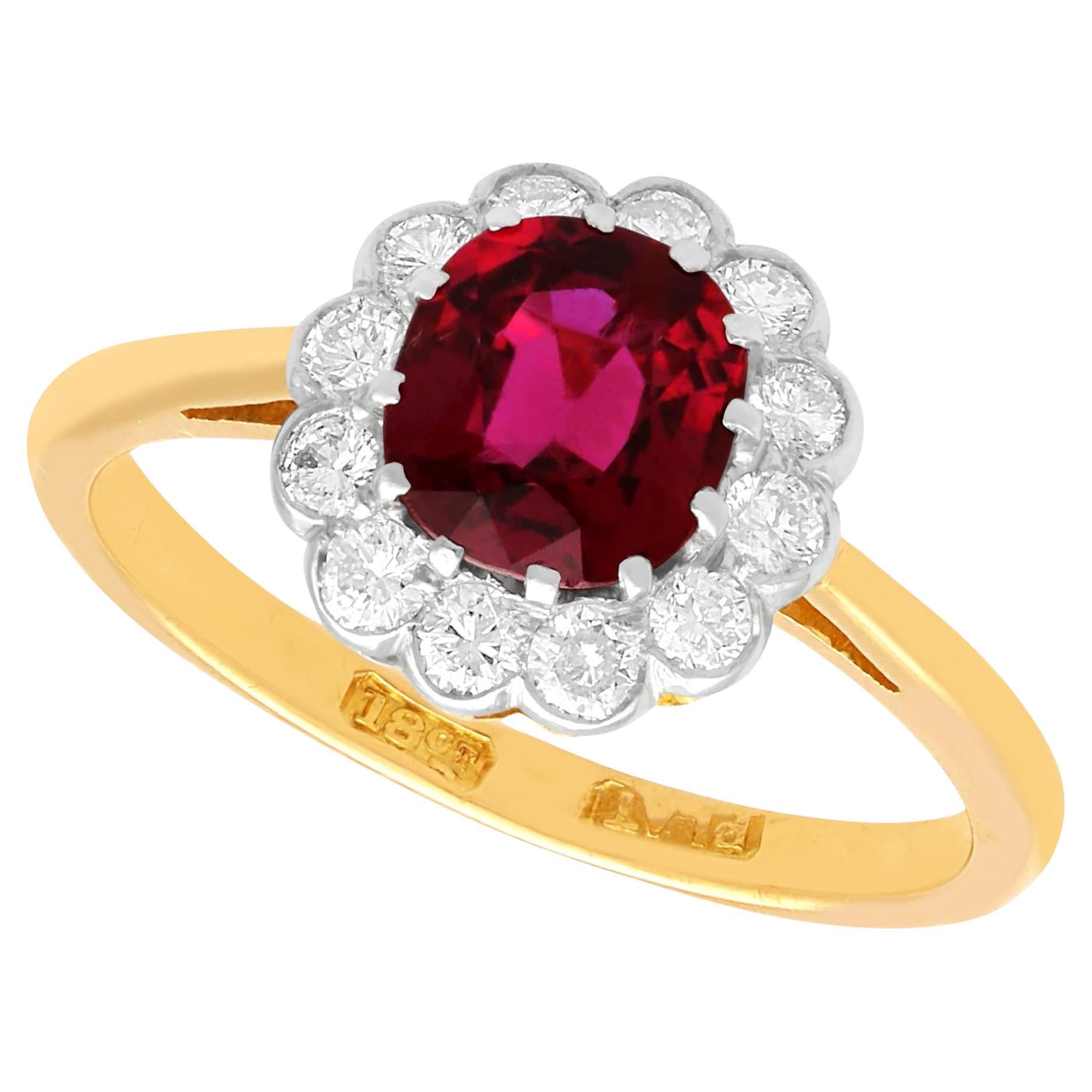 1.02Ct Ruby and 0.33Ct Diamond 18k Yellow Gold Cluster Ring Circa 1930 For Sale