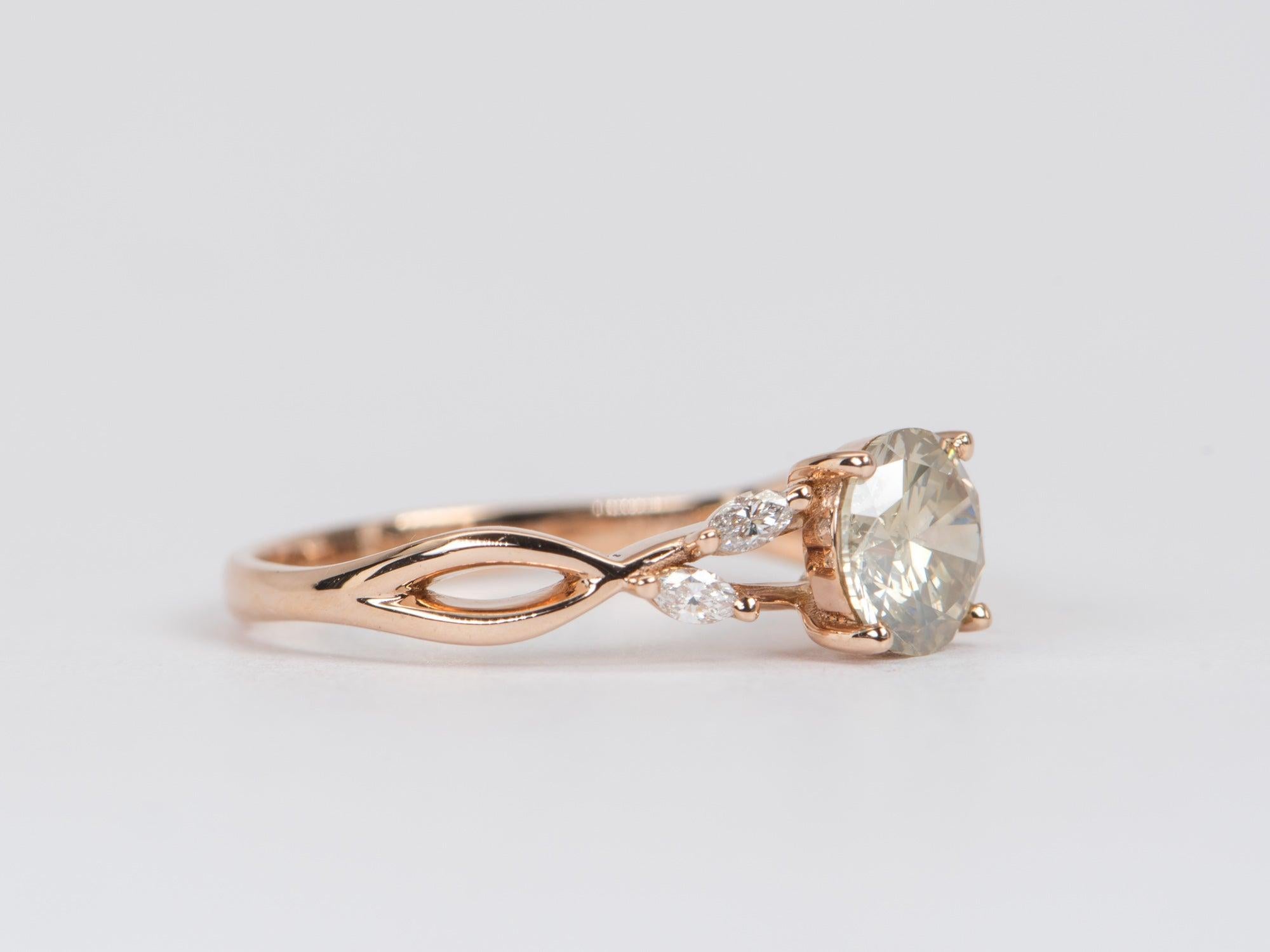 Round Cut 1.02 Carat Soft Champagne Natural Diamond Leafy Ring 14k Rose Gold R6435 For Sale