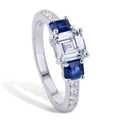 H&H GIA Cert 1.02 Carat Square Emerald Cut Diamond Ring 2 Assher Blue Sapphires