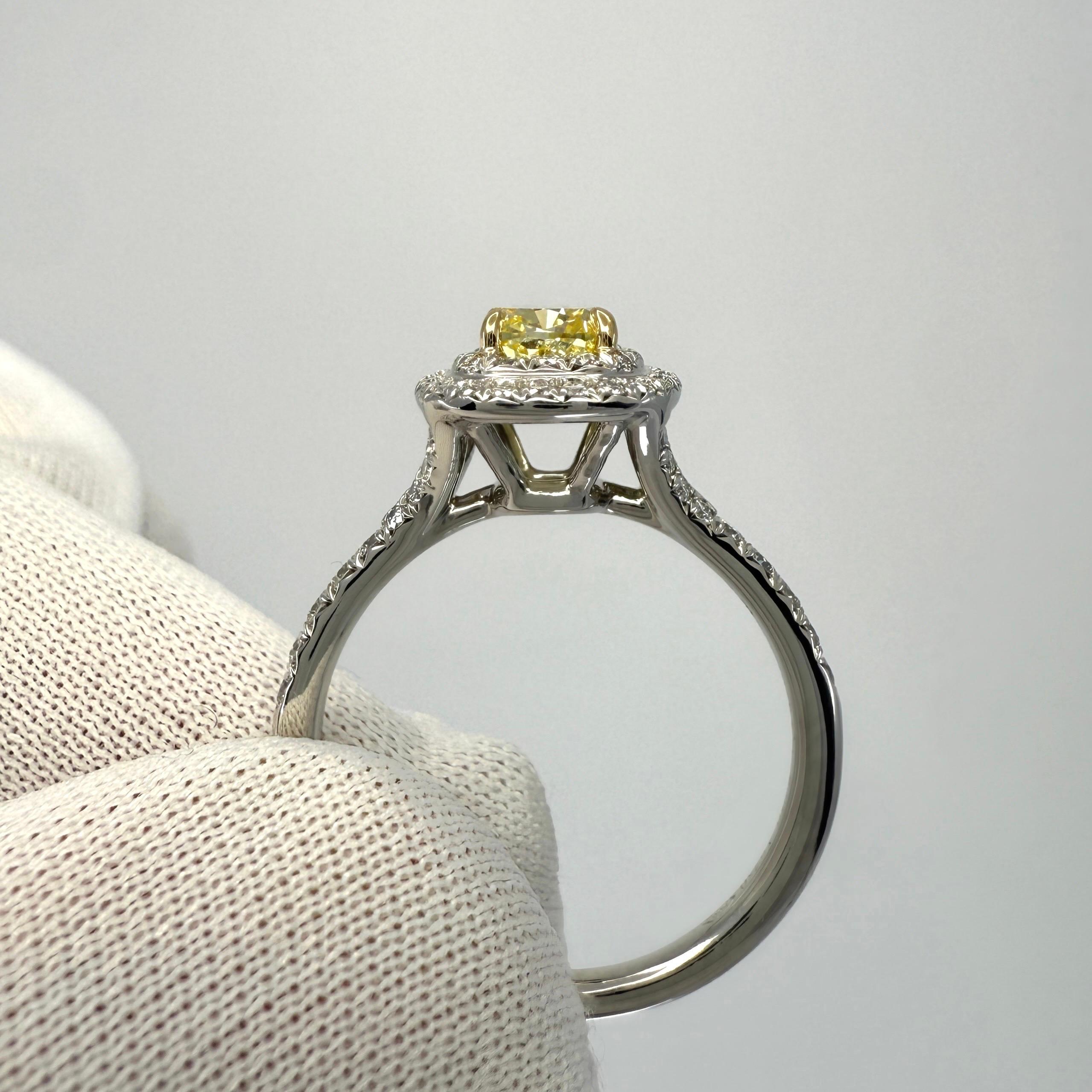 1,02 carati Tiffany & Co. Anello con diamante giallo intenso in oro e platino Soleste Halo in vendita 5