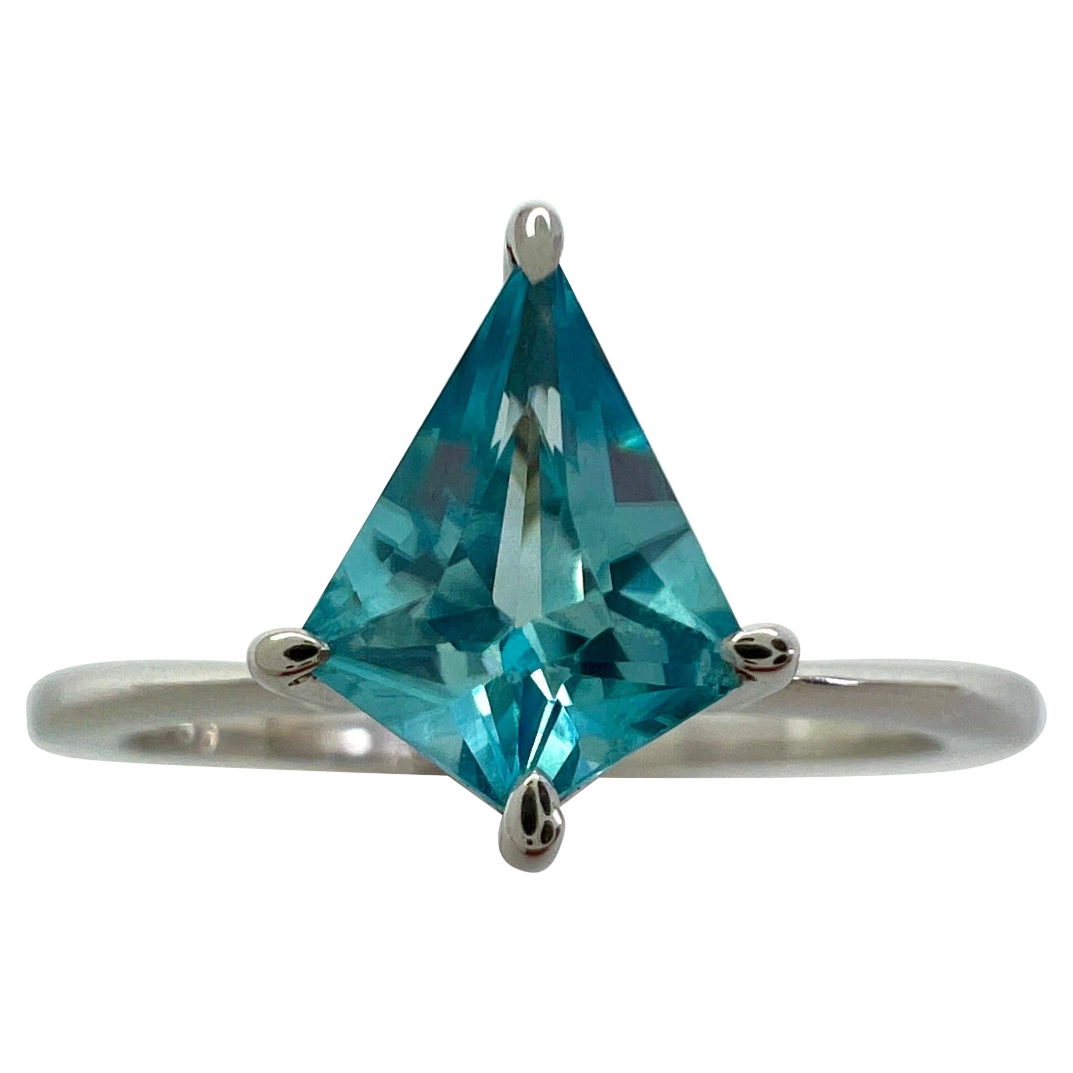 1.02ct Vivid Blue Zircon Fancy Kite Cut 18k White Gold Modern Solitaire Ring