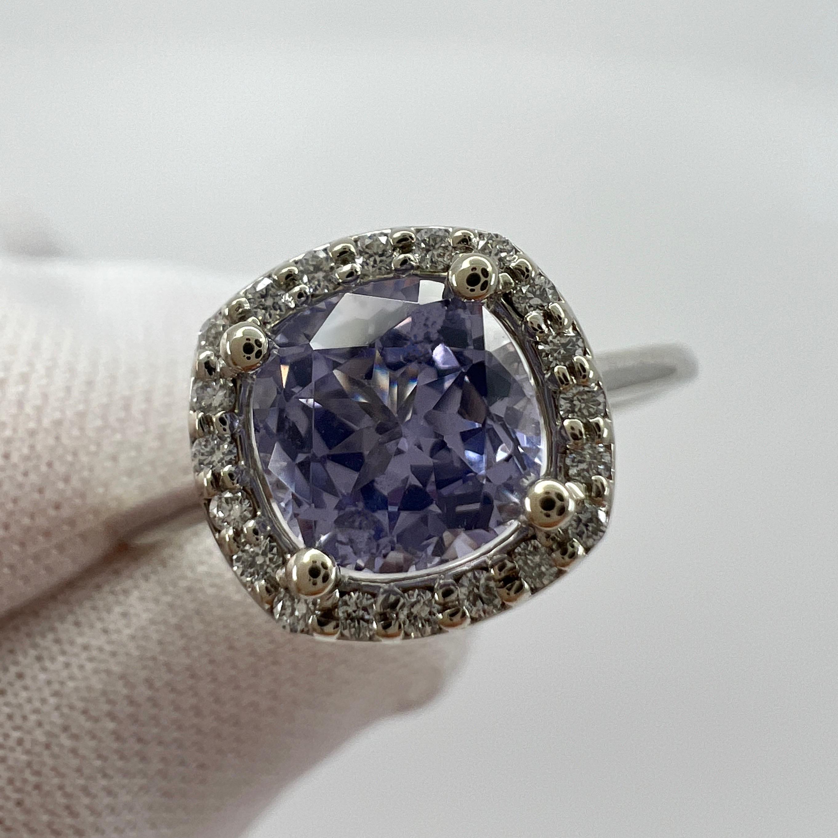 1.02ct Vivid Lilac Purple Spinel & Diamond 18k White Gold Cushion Cut Halo Ring For Sale 6
