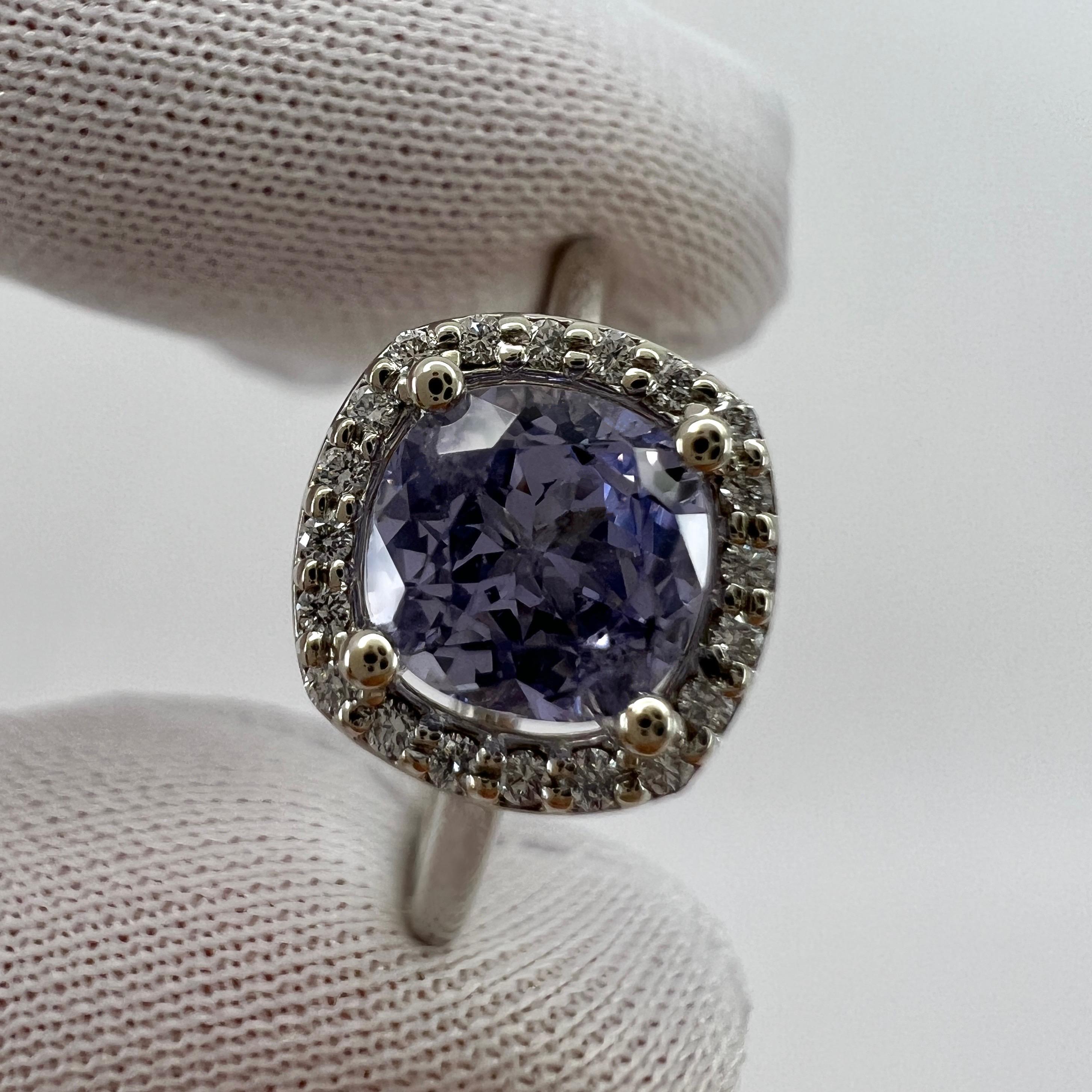 1.02ct Vivid Lilac Purple Spinel & Diamond 18k White Gold Cushion Cut Halo Ring In New Condition For Sale In Birmingham, GB