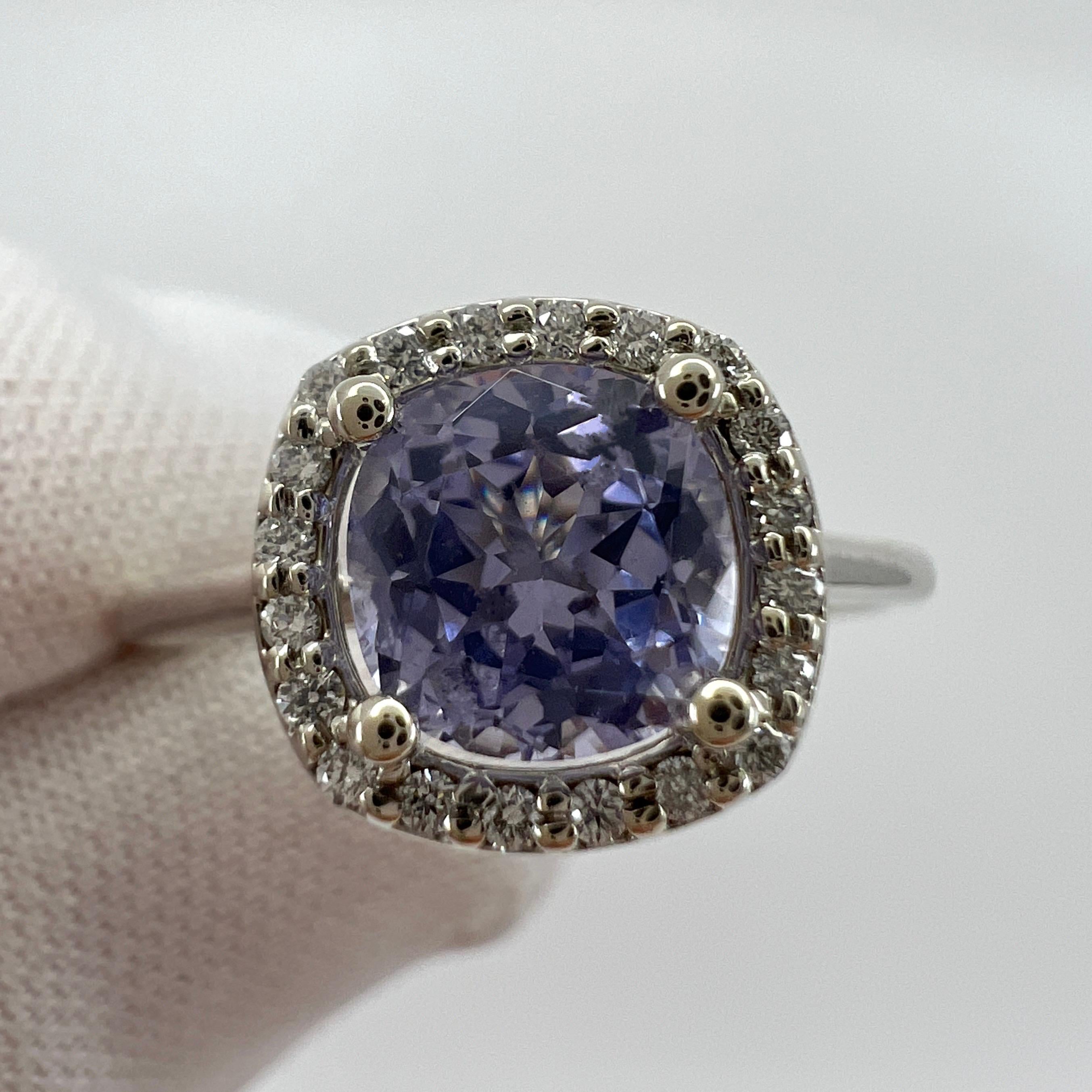 1.02ct Vivid Lilac Purple Spinel & Diamond 18k White Gold Cushion Cut Halo Ring For Sale 1