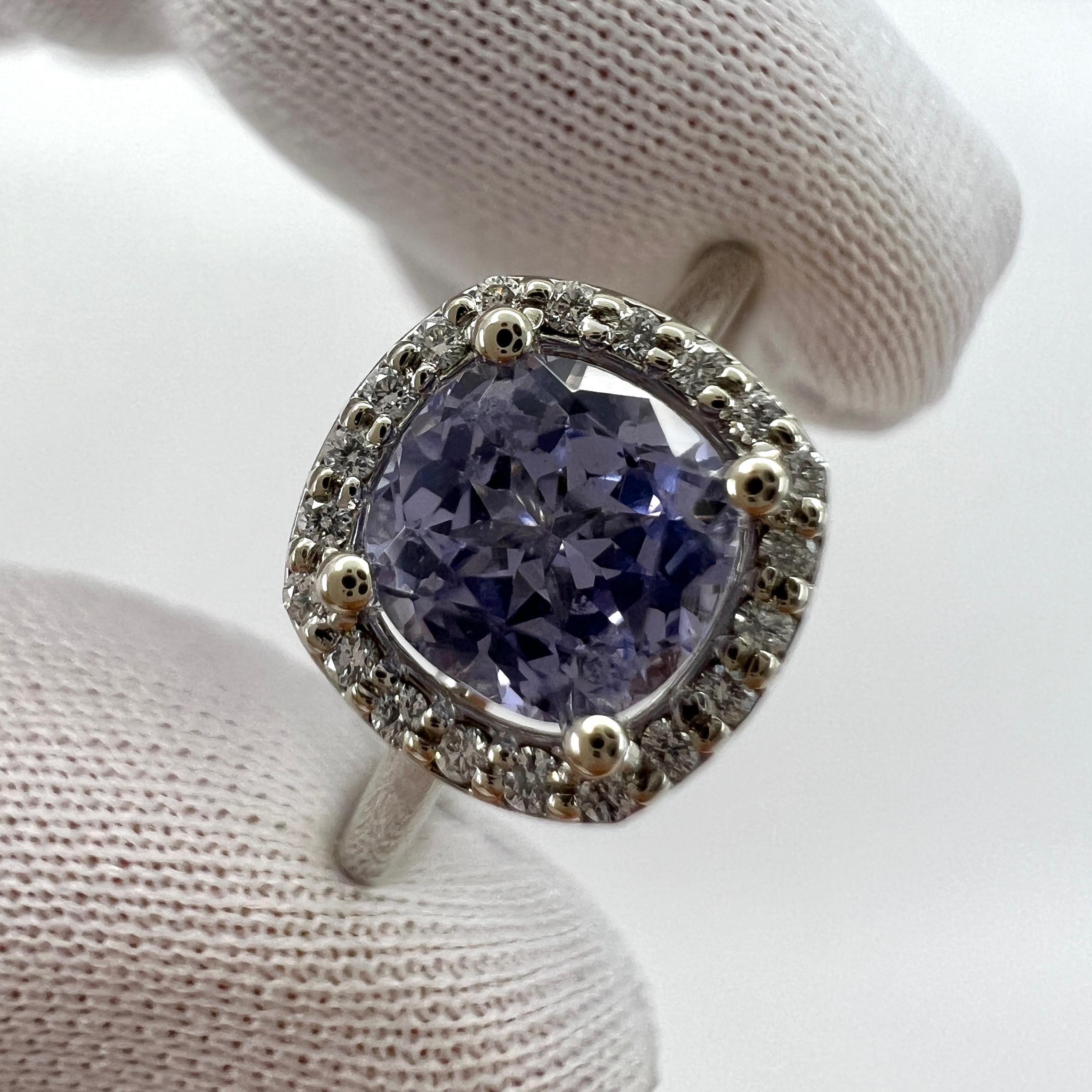 1.02ct Vivid Lilac Purple Spinel & Diamond 18k White Gold Cushion Cut Halo Ring For Sale 5