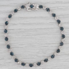 1.02ctw Blue White Diamond Flower Cluster Tennis Bracelet 10k White Gold 7"