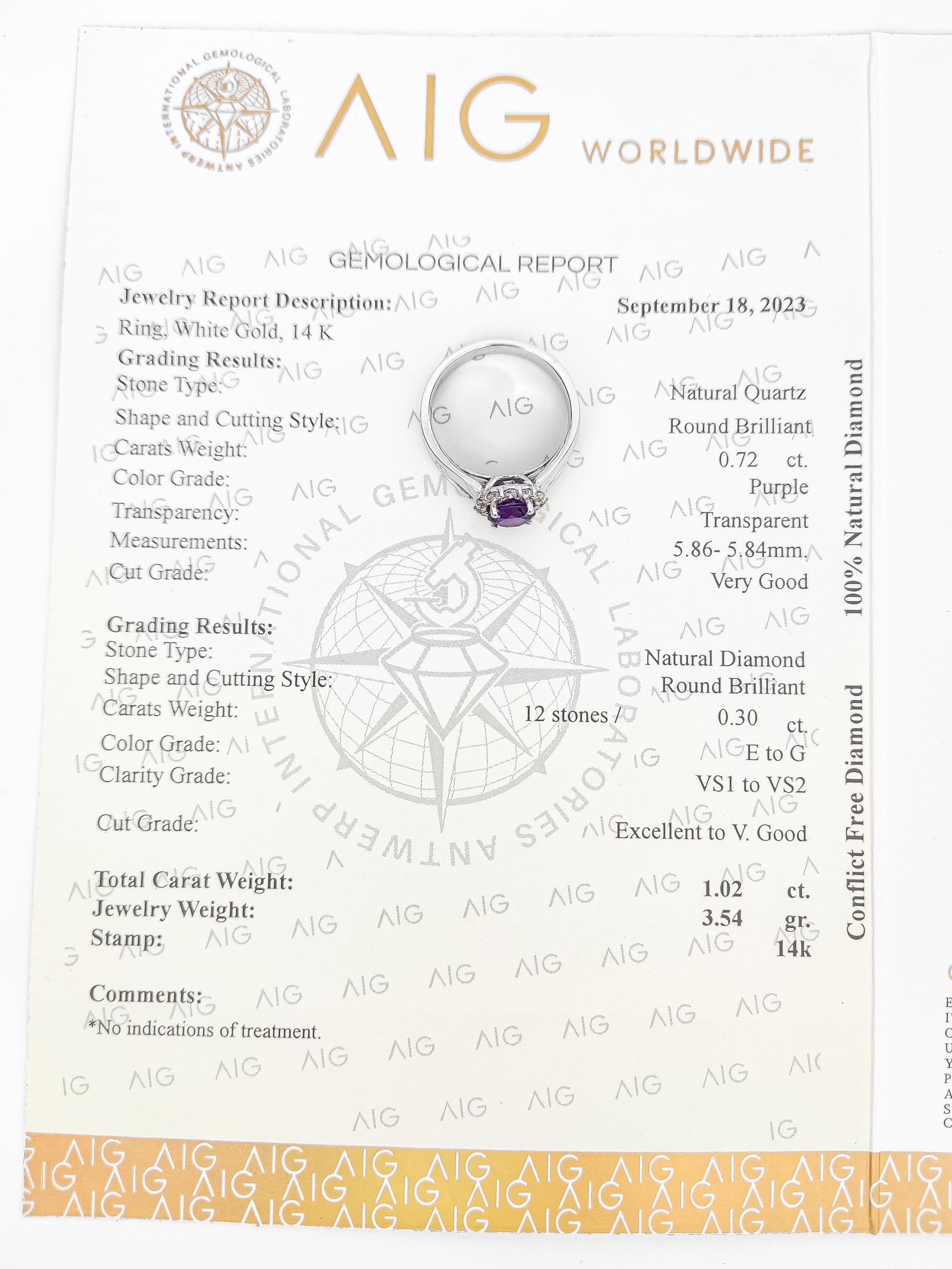 NO RESERVE 1.02CTW Purple Quartz and Diamond 14K White Gold Ring For Sale 2