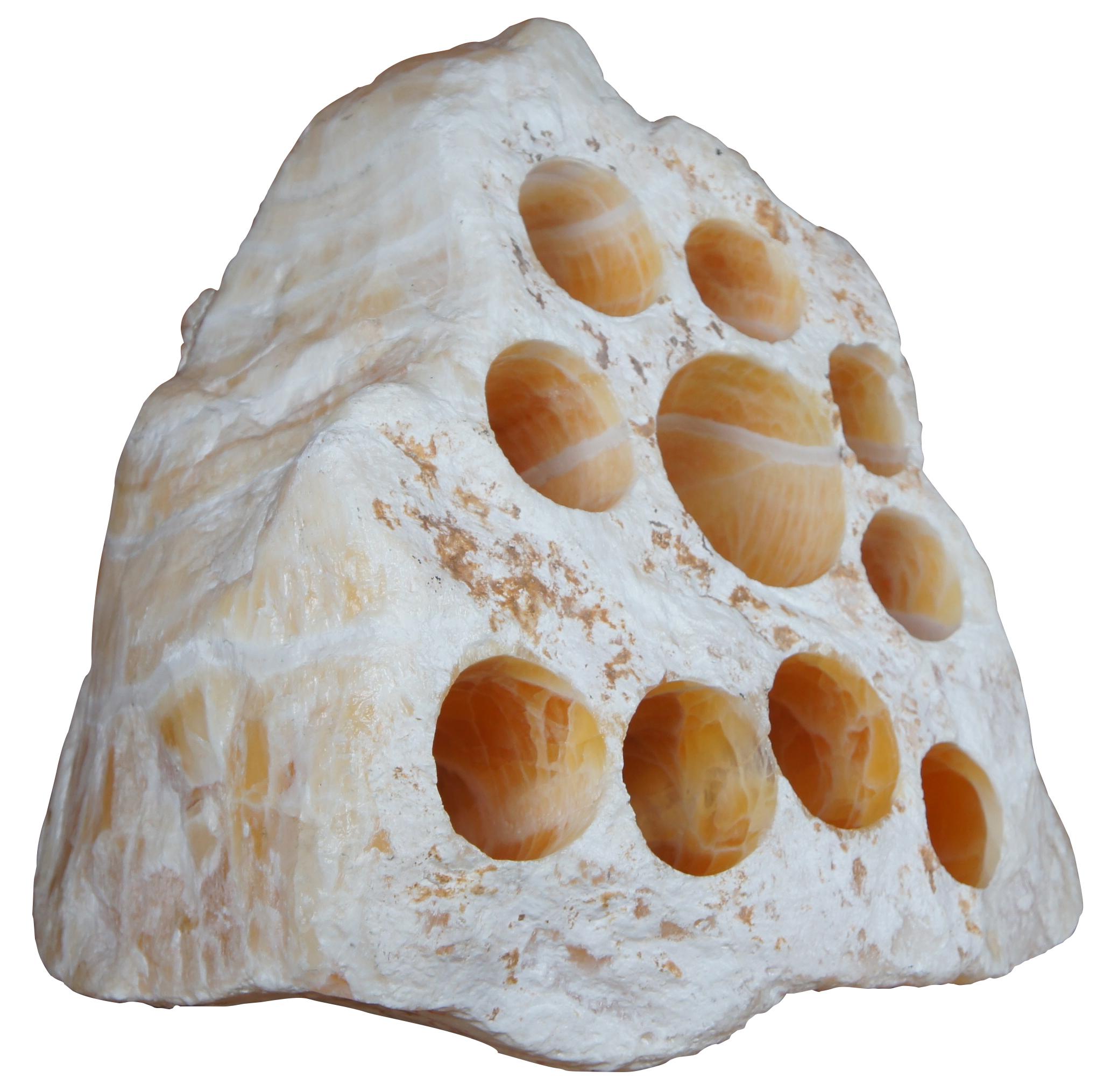 A fine and impressive 102 pound Honeycomb calcite crystal or stone. Features ten drilled holes. The stone is transparent and translucent, offering a luminous glow when accentuated by artificial, direct or indirect lighting. 

Honeycomb Calcite is