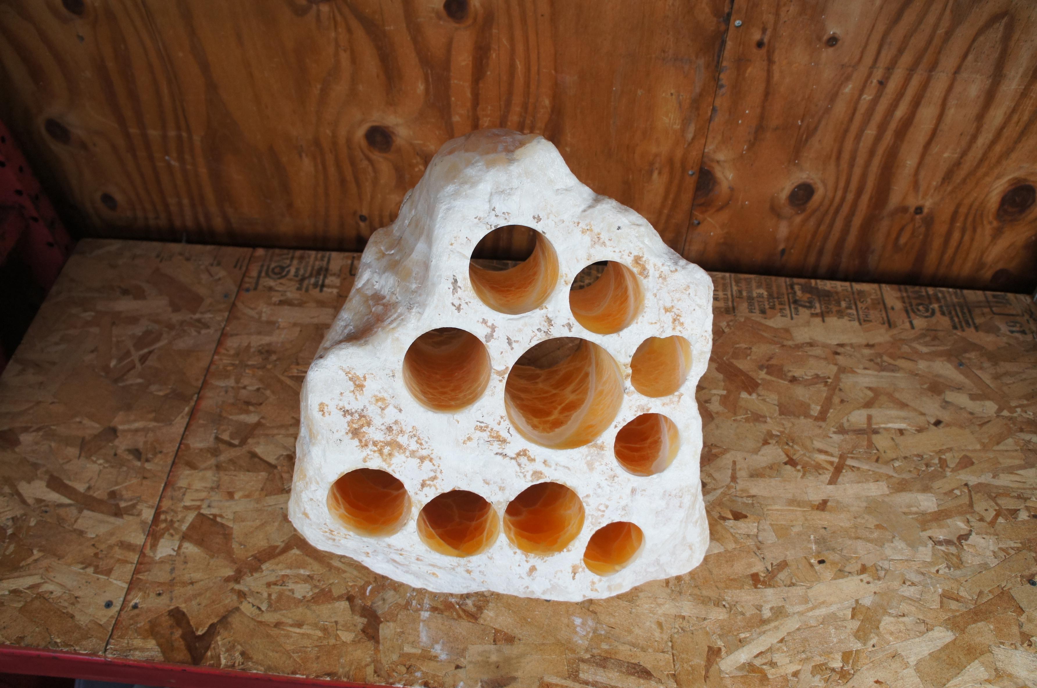 20th Century 102lb Honeycomb Calcite Amber Onyx Rock Stone Crystal Formation Drilled Holes For Sale