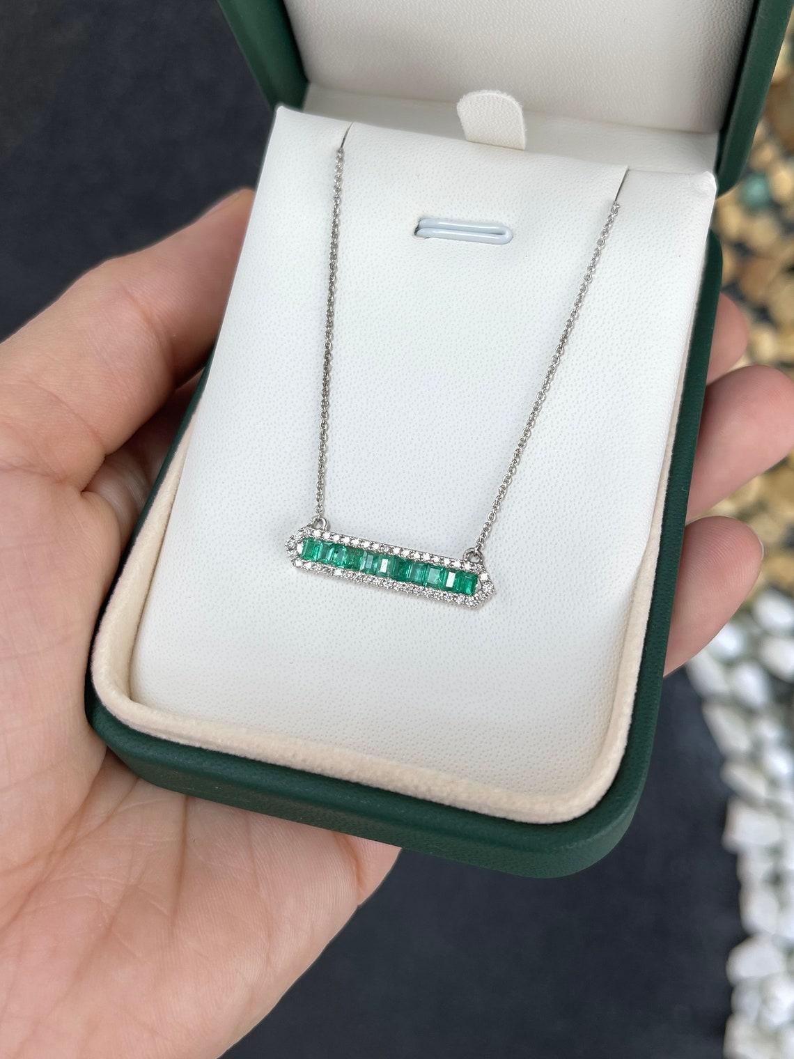 1.02tcw 14K Emerald Cut Emerald & Diamond Halo Bar Pendant Necklace White Gold In New Condition For Sale In Jupiter, FL