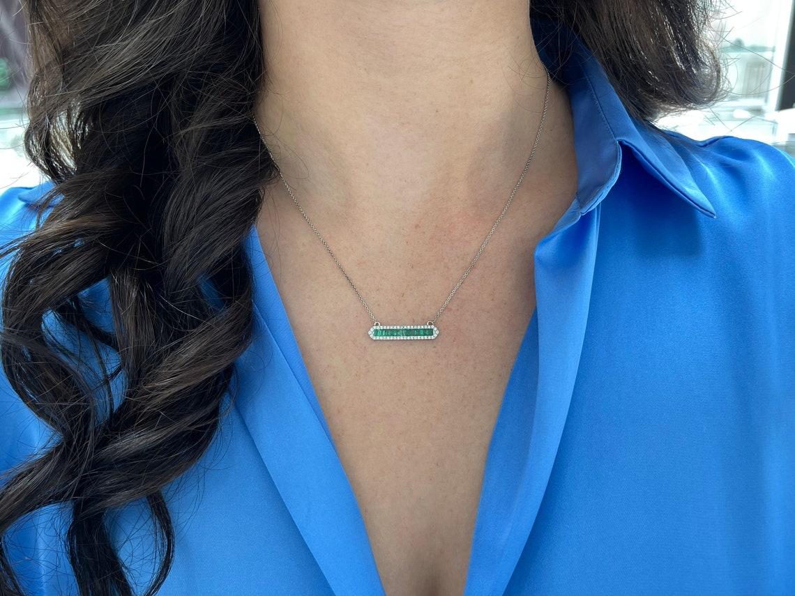 Women's 1.02tcw 14K Emerald Cut Emerald & Diamond Halo Bar Pendant Necklace White Gold For Sale