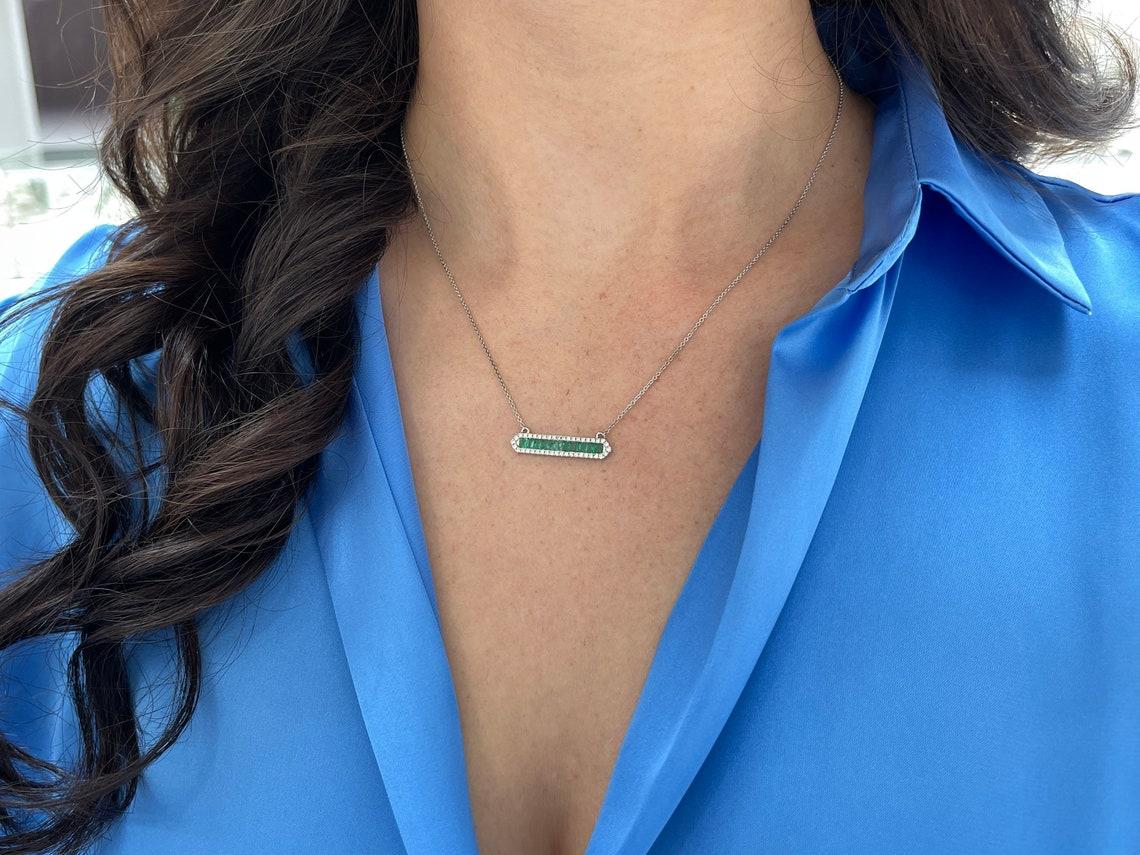 1.02tcw 14K Emerald Cut Emerald & Diamond Halo Bar Pendant Necklace White Gold For Sale 1